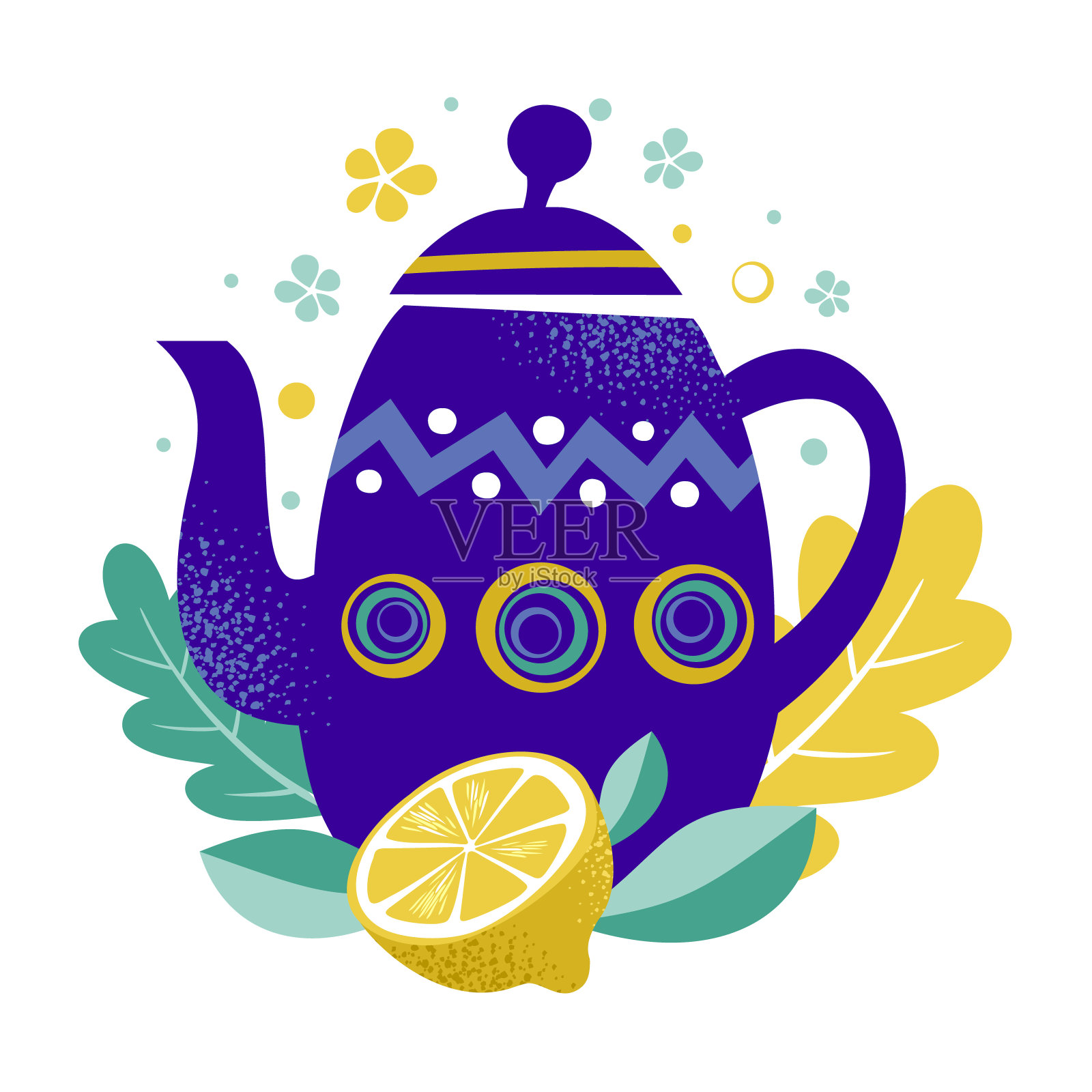 茶时间矢量图。茶壶与花卉设计元素和柠檬水果。蓝色茶壶的叶子和柑橘背景。餐厅，咖啡馆菜单，横幅，传单，卡片，家居装饰。Hygge概念设计元素图片
