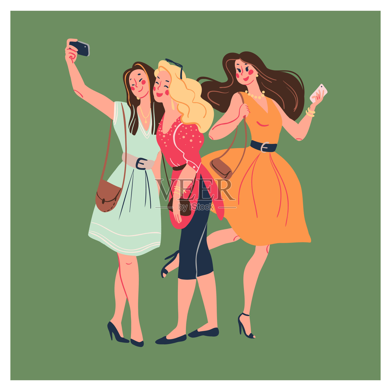一群年轻时尚美丽的现代女士女孩与智能手机，并在绿色背景孤立自拍。插画图片素材