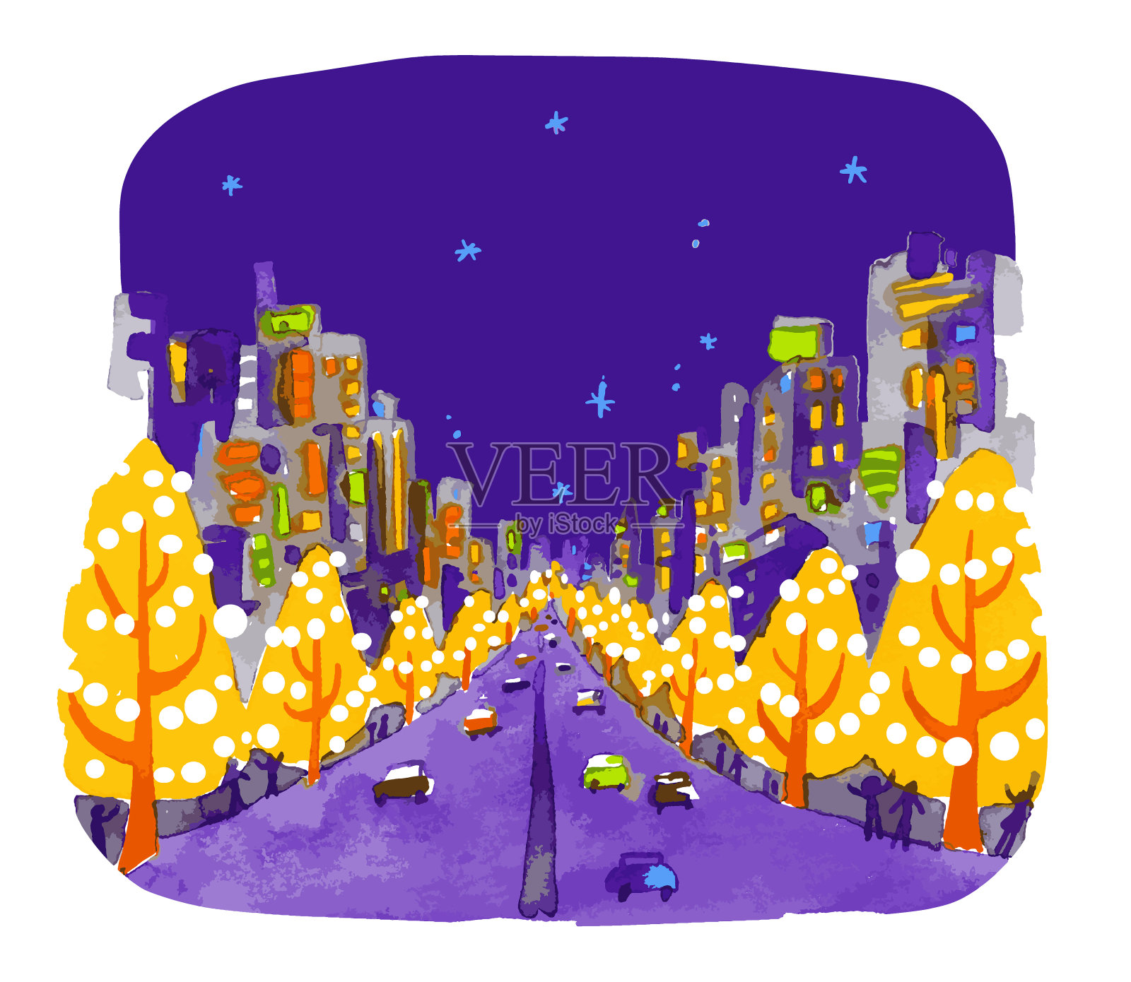 灯火通明的城市夜景插画图片素材