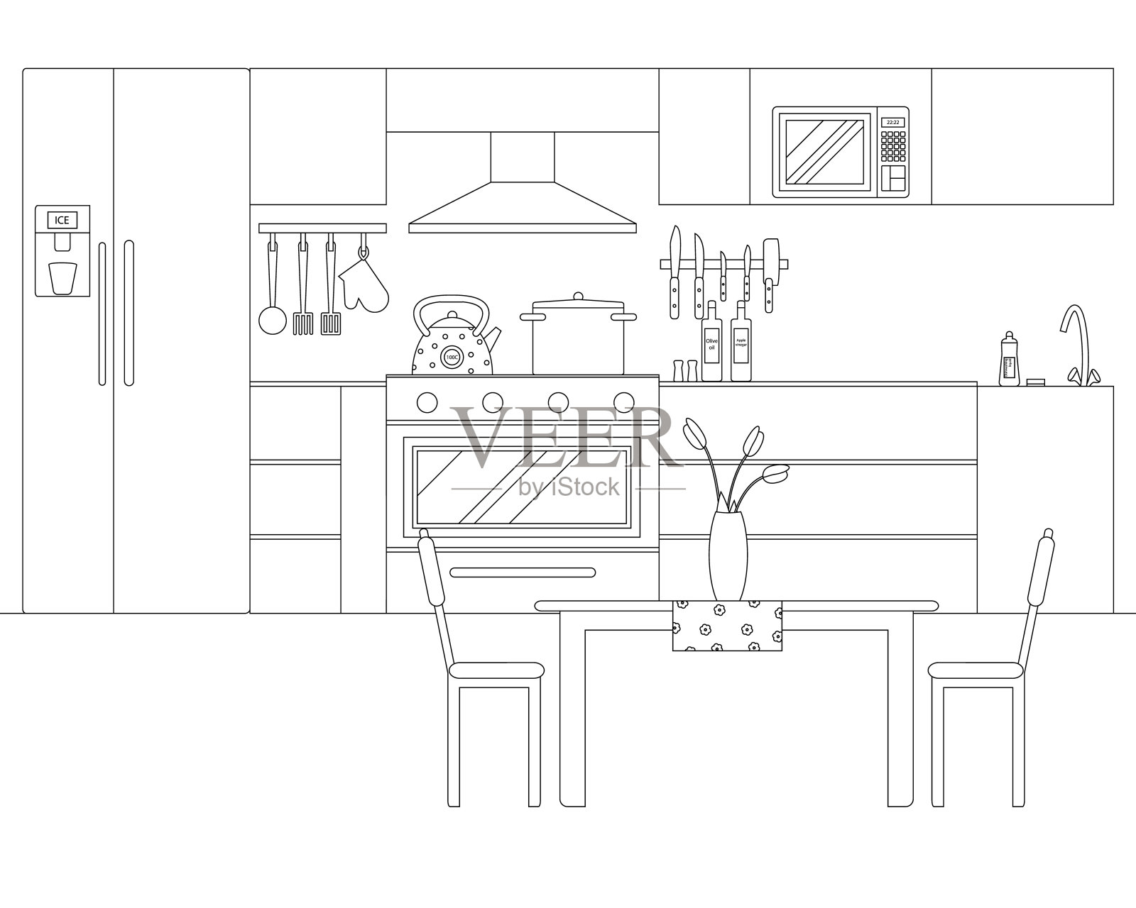 直线艺术风格的厨房矢量插图设计元素图片