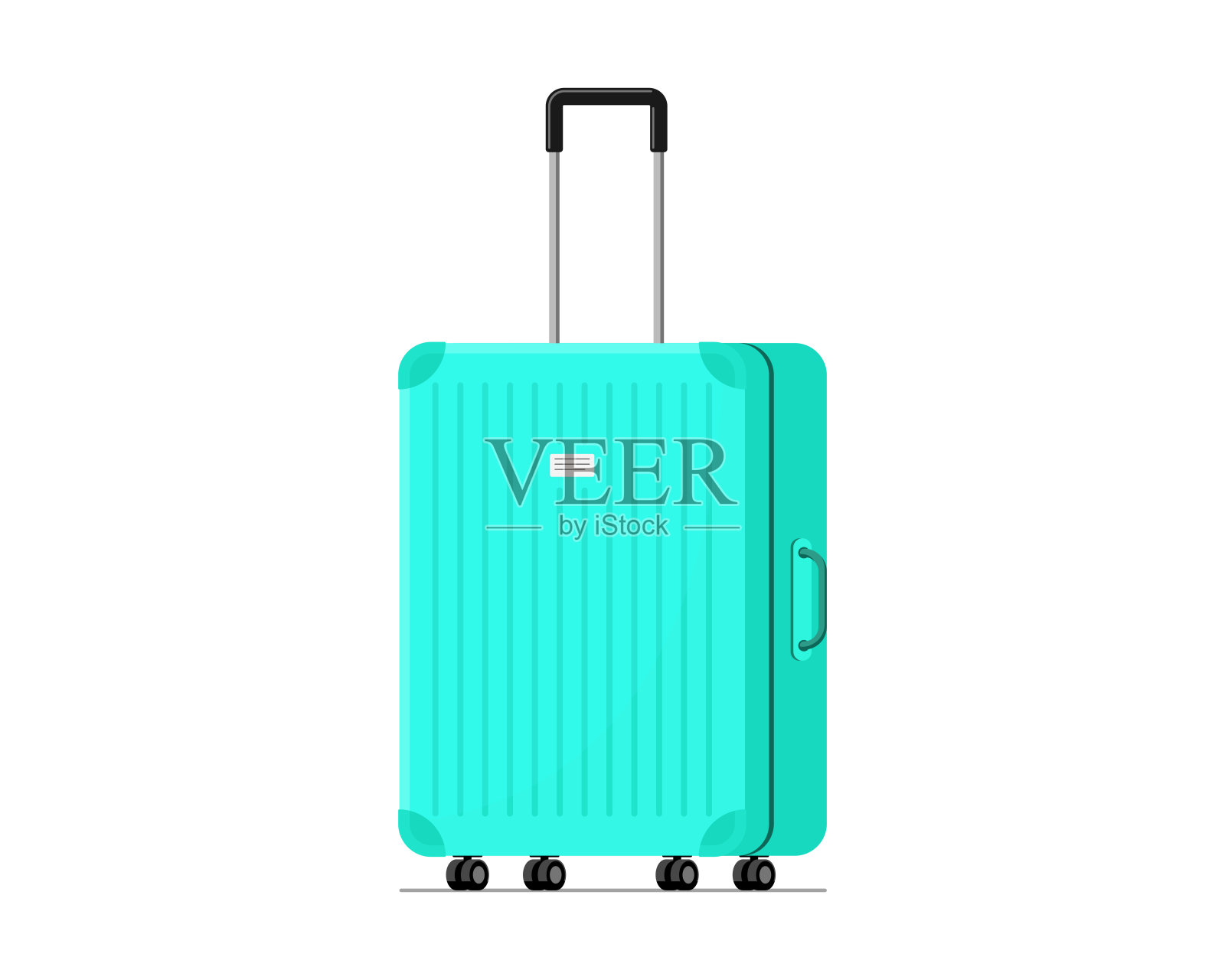 绿松石塑料旅行箱行李与轮子和可伸缩把手前视图。旅行袋的暑假旅行矢量插图设计元素图片