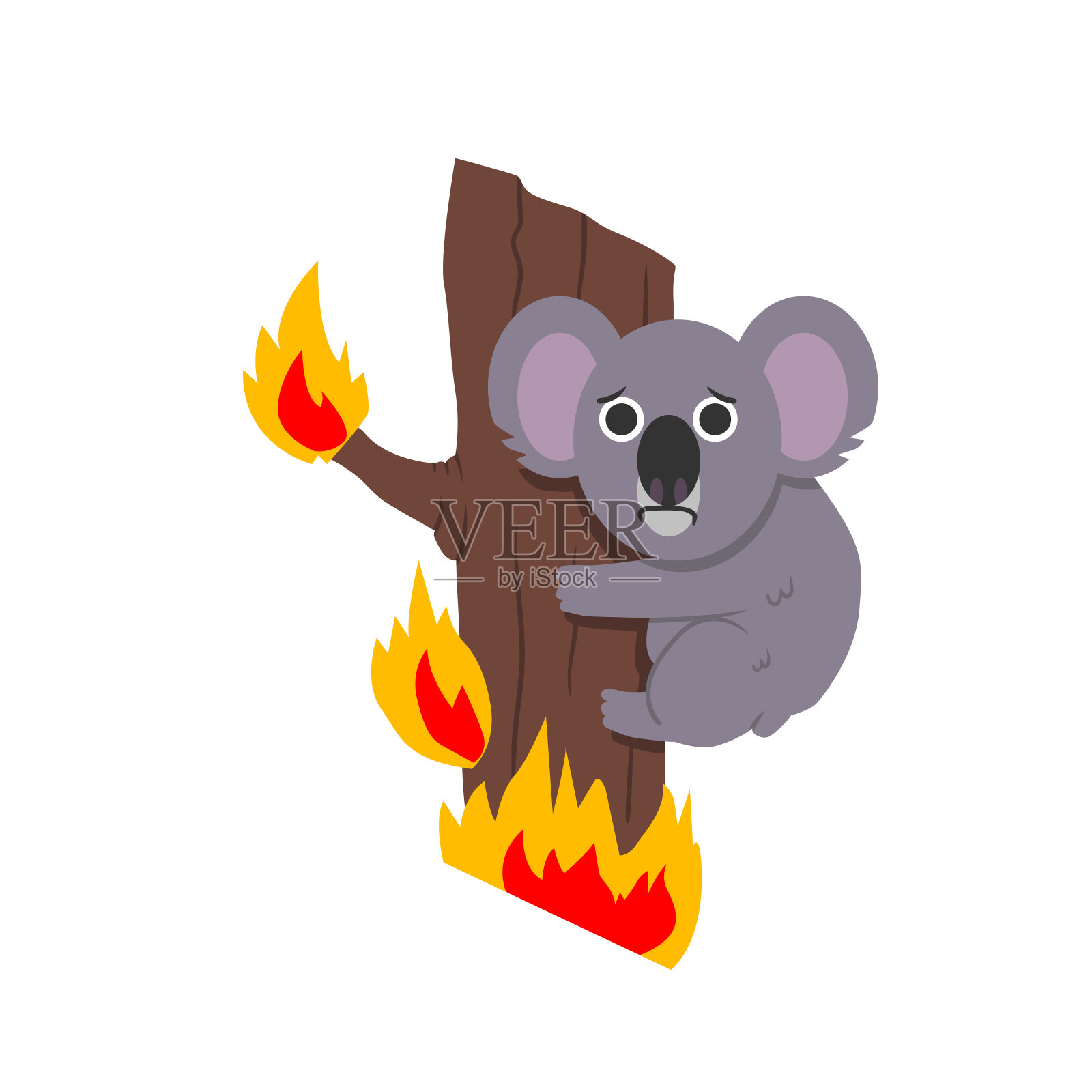 在澳大利亚丛林的一棵树上的考拉被火焰包围着。矢量平面插图。插画图片素材