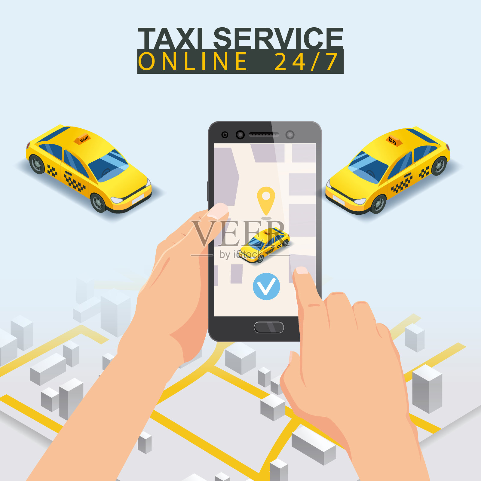 出租车服务等距。出租车手机app模板集。智能手机与城市地图路线和点定位黄色汽车。在线移动应用订车服务。矢量插图为出租车服务广告，推广插画图片素材