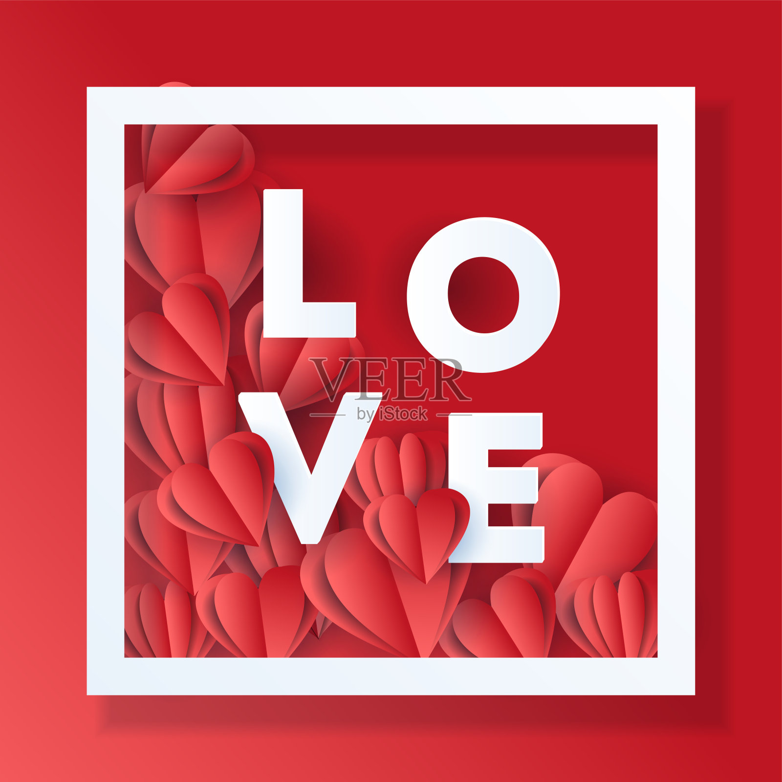 情人节快乐。大字爱用红色的心剪出来的纸。字体类型，矢量背景与方形框架。设计元素图片