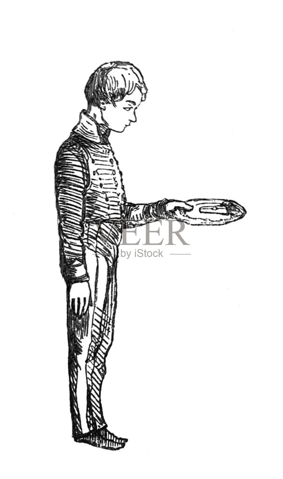 英国讽刺漫画漫画插图-男人在佣人制服举着一个盘子设计元素图片