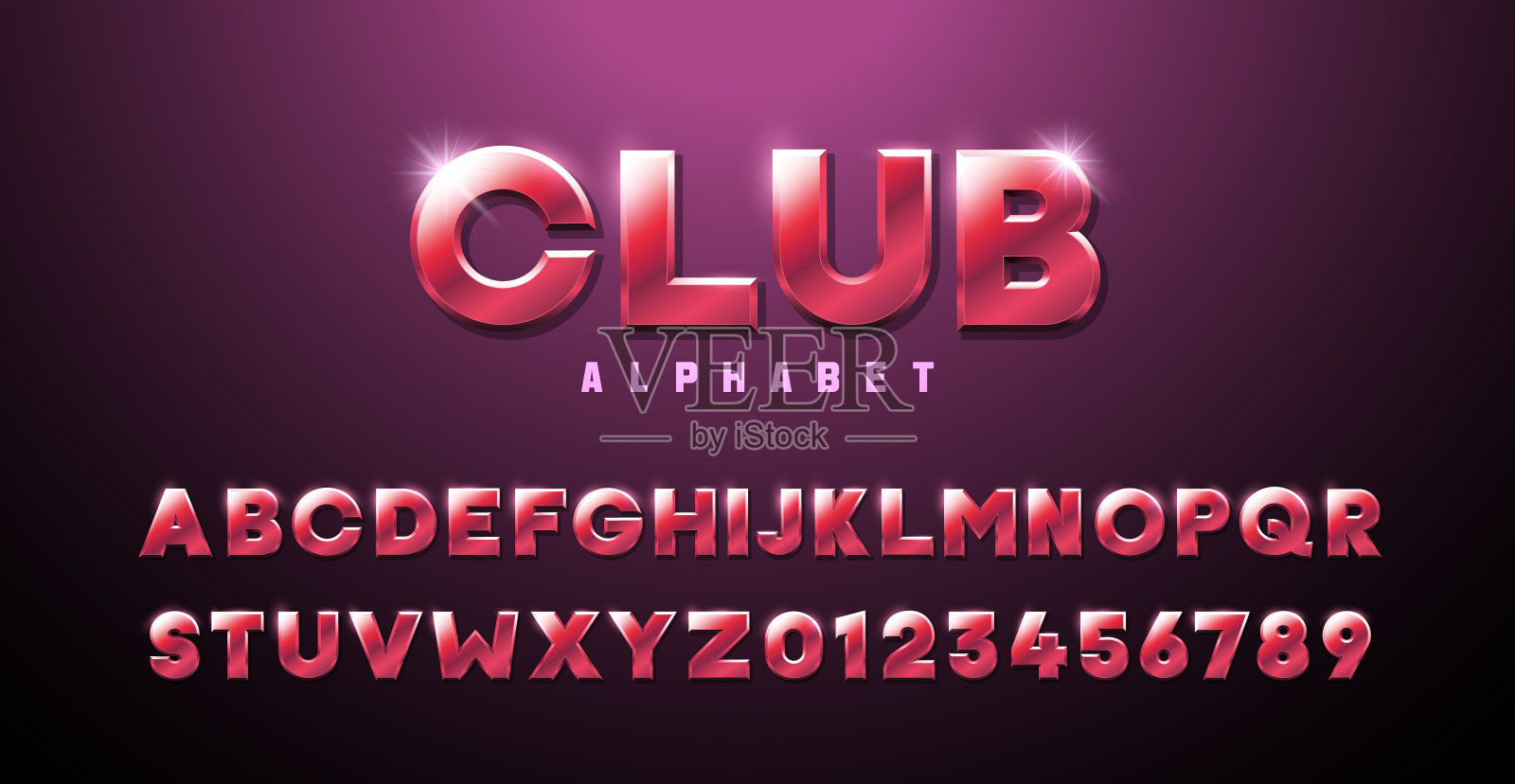 粉红红色三维字体效果。俱乐部字母溢价现代复古排字元素基于俱乐部，迪斯科，音乐事件，游戏，时髦和迷人的主题。金属豪华3d字体插画图片素材
