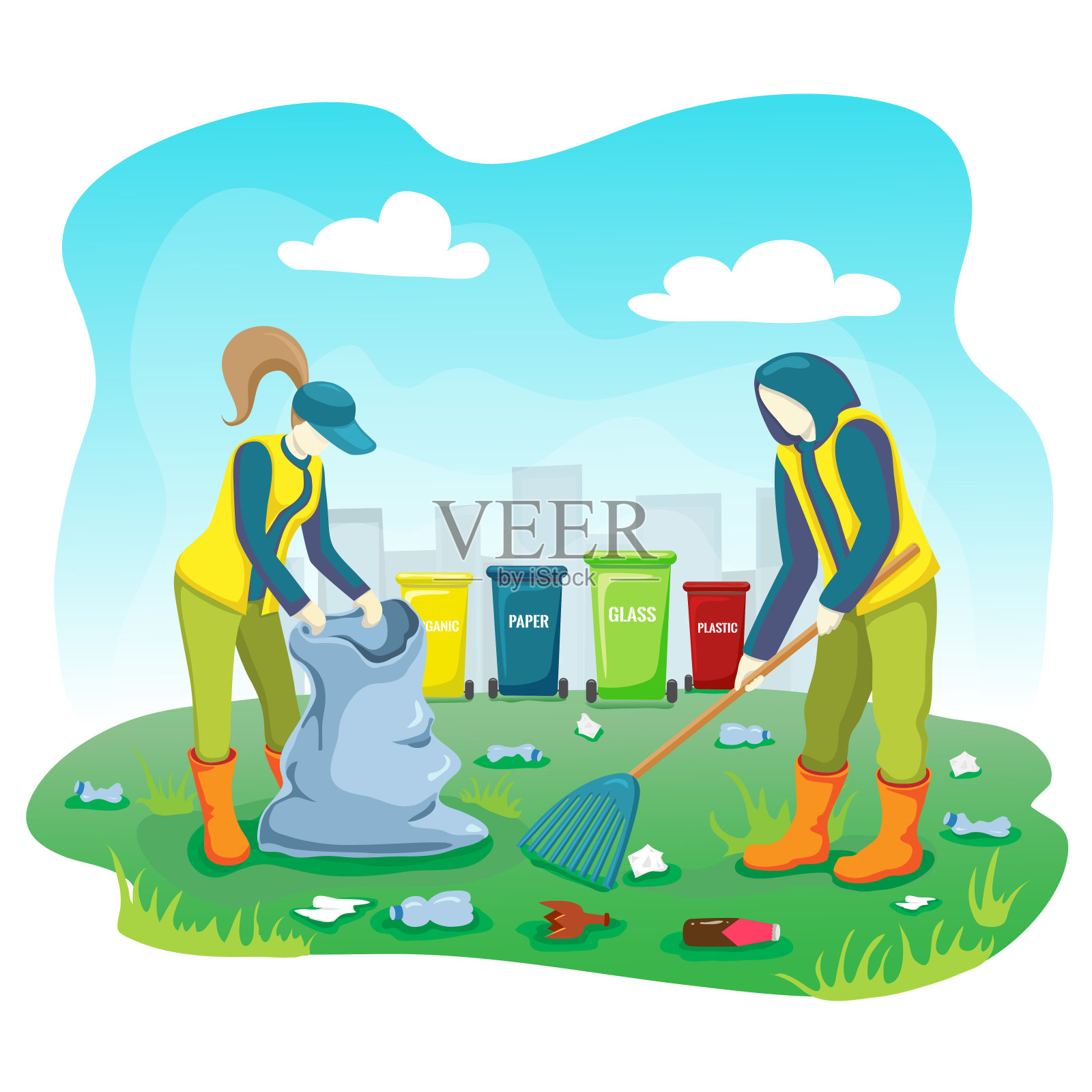 义工用垃圾袋和垃圾桶在城市公园的草坪上捡垃圾、塑料瓶和清洁垃圾。志愿者团队在户外收集和分类垃圾，爱护地球。拯救世界的概念。插画图片素材