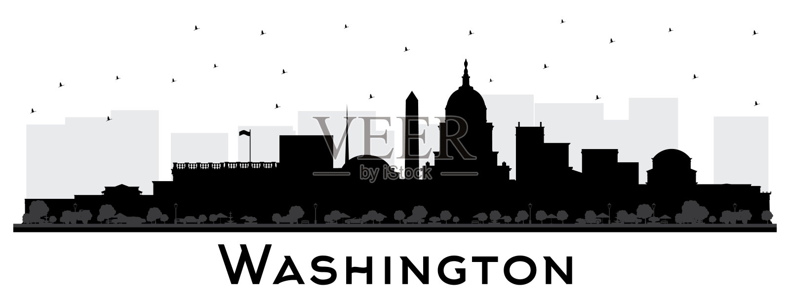 美国华盛顿特区城市天际线轮廓与黑色建筑物孤立在白色。设计元素图片