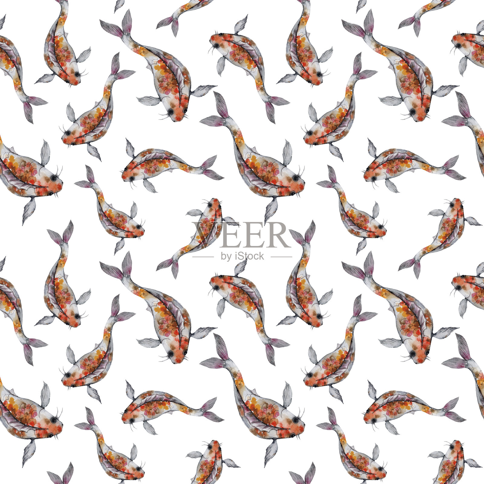 水彩彩虹鲤鱼图案。无缝东方纹理与孤立的手画鱼。插画图片素材