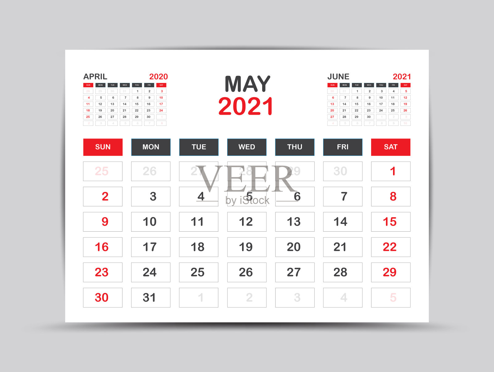2021年日历模板。5月页矢量日历2021模板。桌子、墙、台历设计。周一开始，最小的日记计划设计。印刷，广告，红色背景设计模板素材