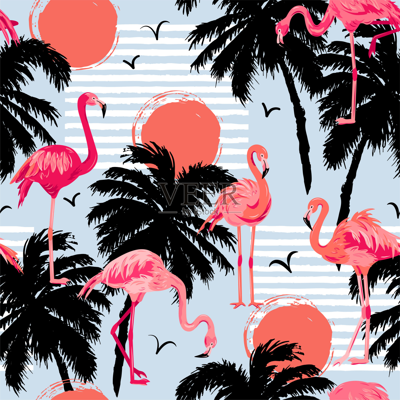 无缝模式与粉红色火烈鸟，棕榈树和太阳。插画图片素材