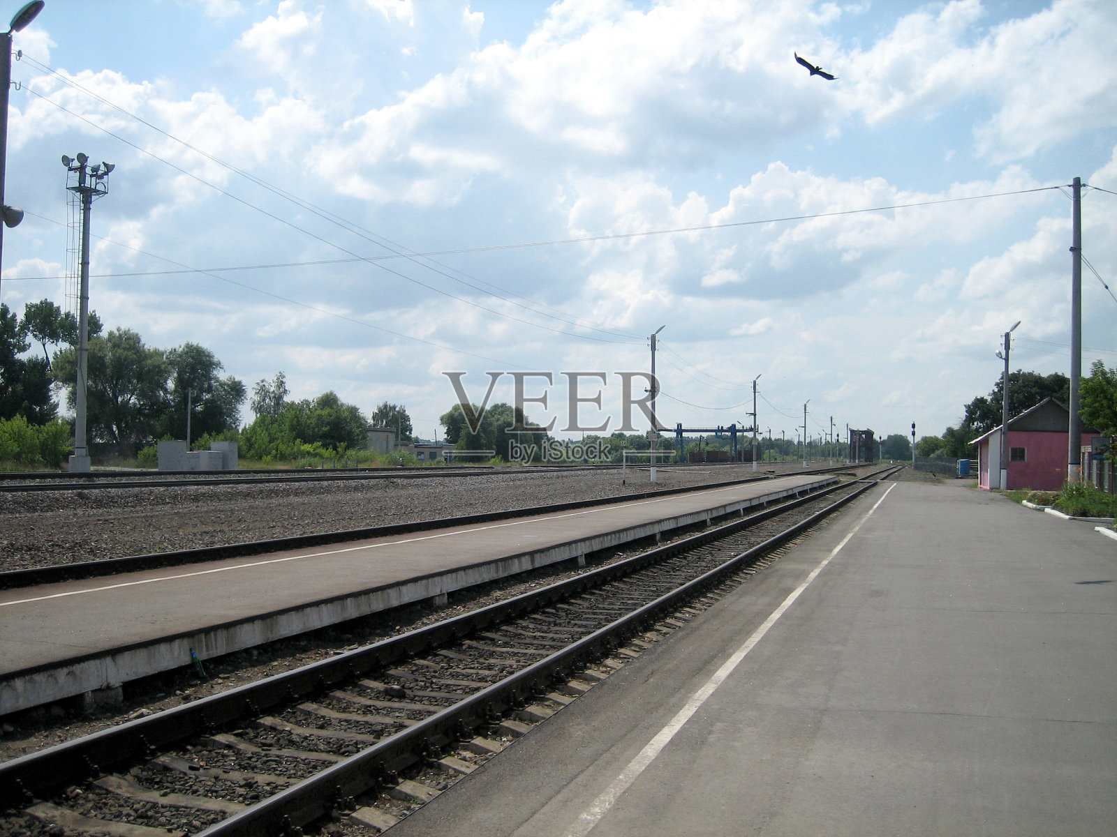 夏天的一天，铁路直接穿过城外的一个小站。铁轨沿着一个低矮的平台铺设。一只猛禽在云下的天空中盘旋。照片摄影图片