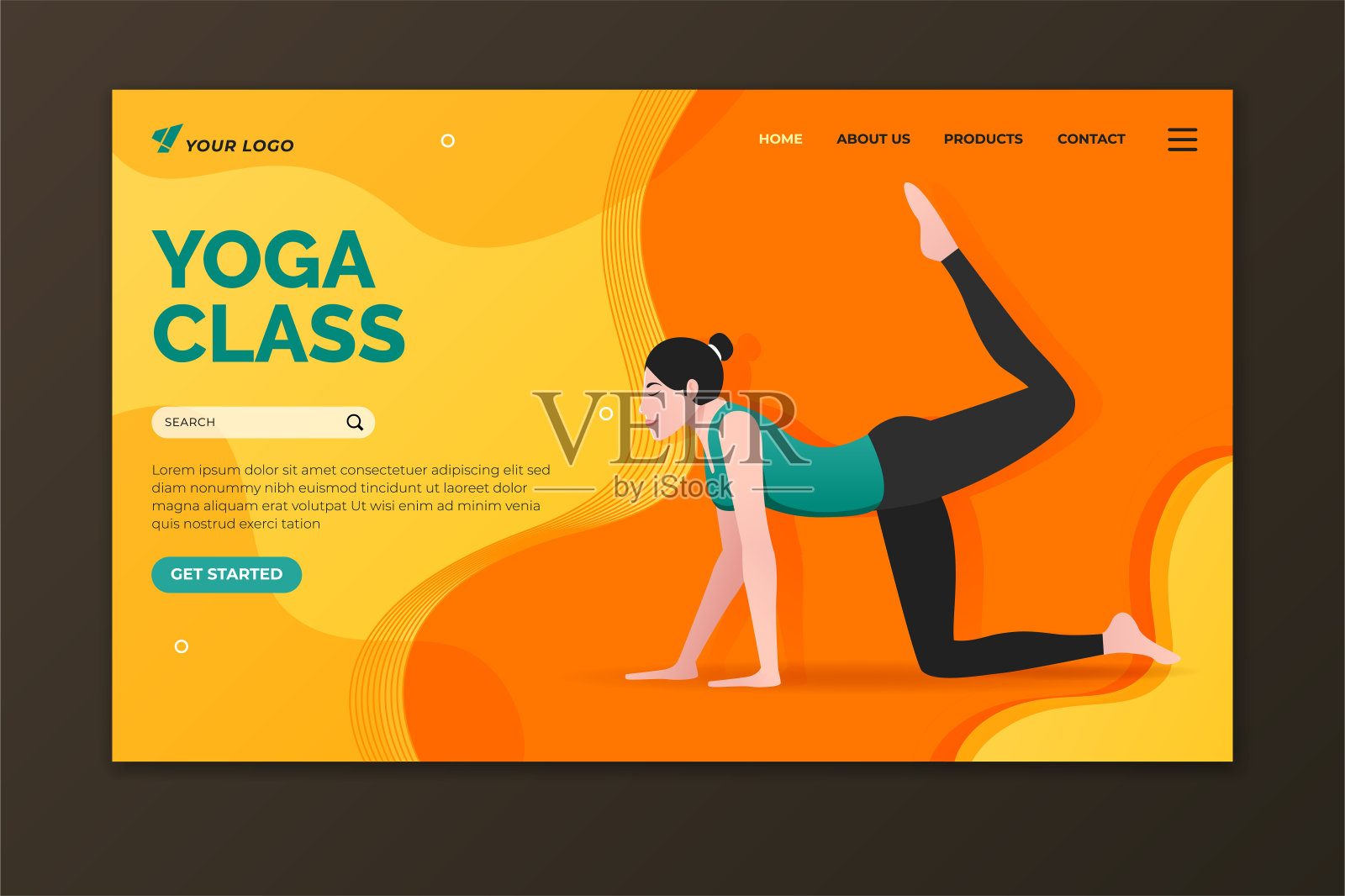 瑜伽课程登陆页面模板。做半弓姿势的女人。网页设计为网站和手机网站设计模板素材