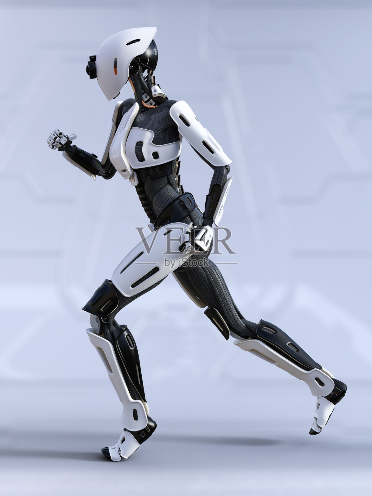 女性机器人奔跑的3D渲染图。照片摄影图片