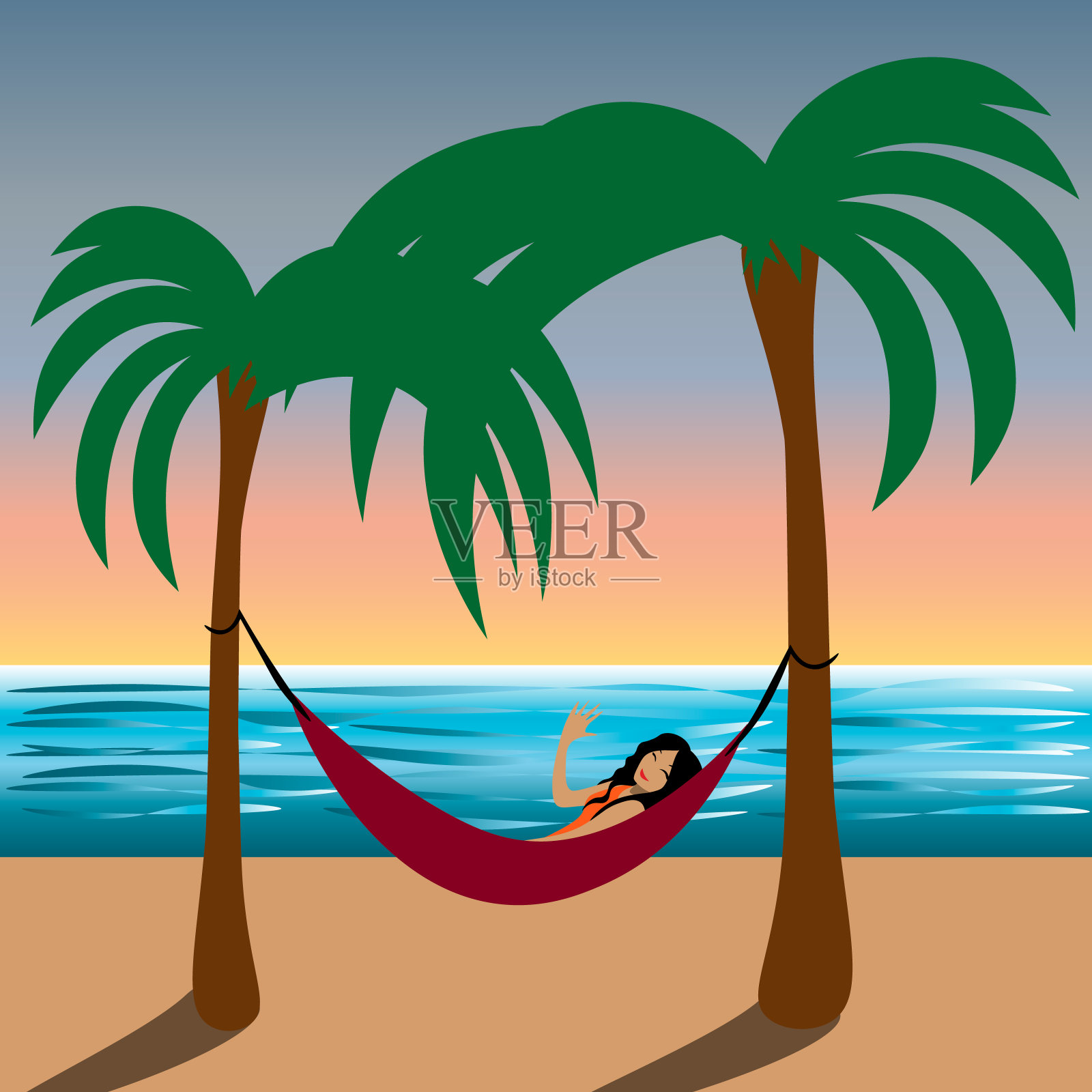 微笑的女人躺在沙滩上的吊床上挥手插画图片素材