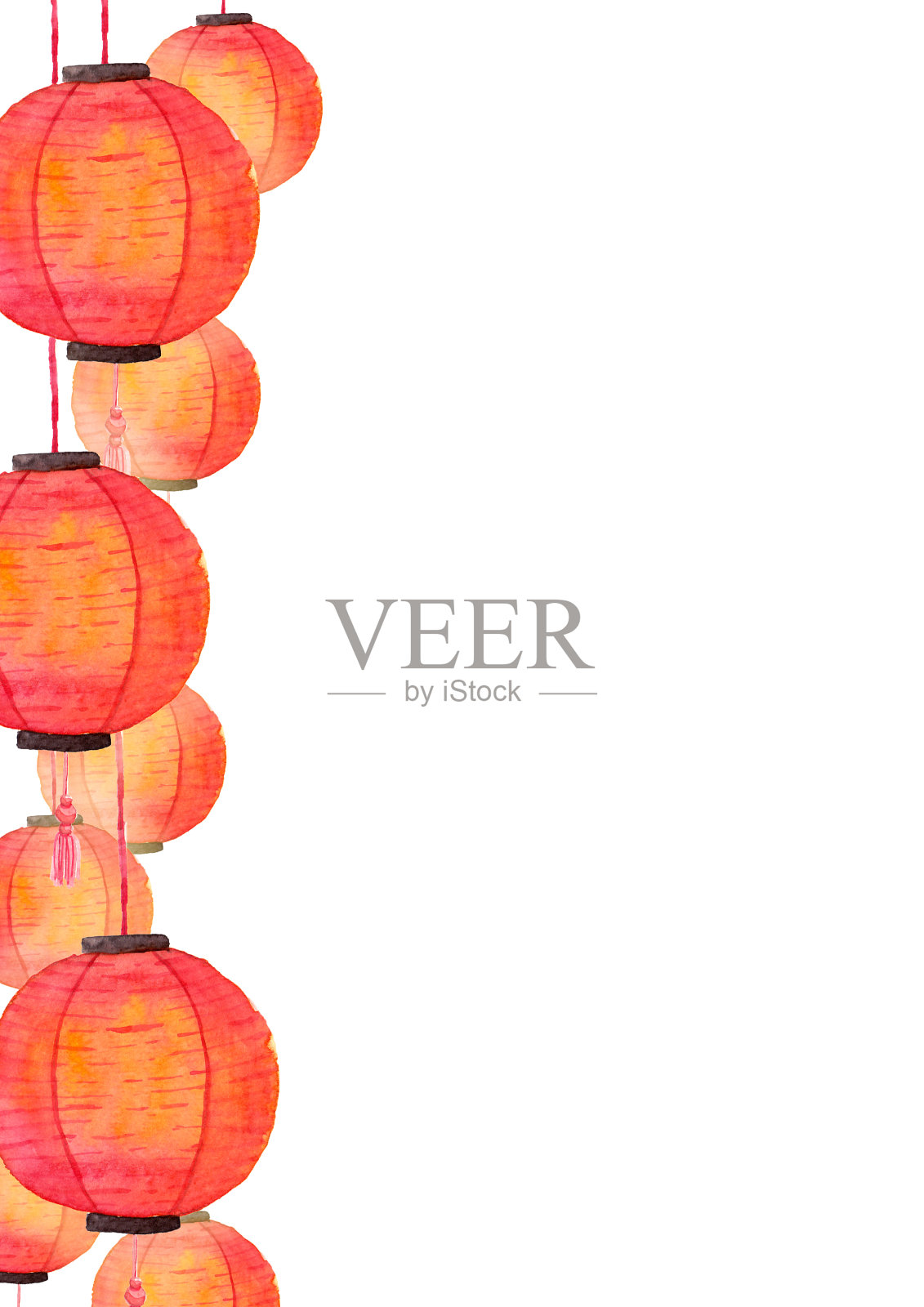 框架红色东方灯笼，快乐中国新年的概念。水彩绘画。插画图片素材