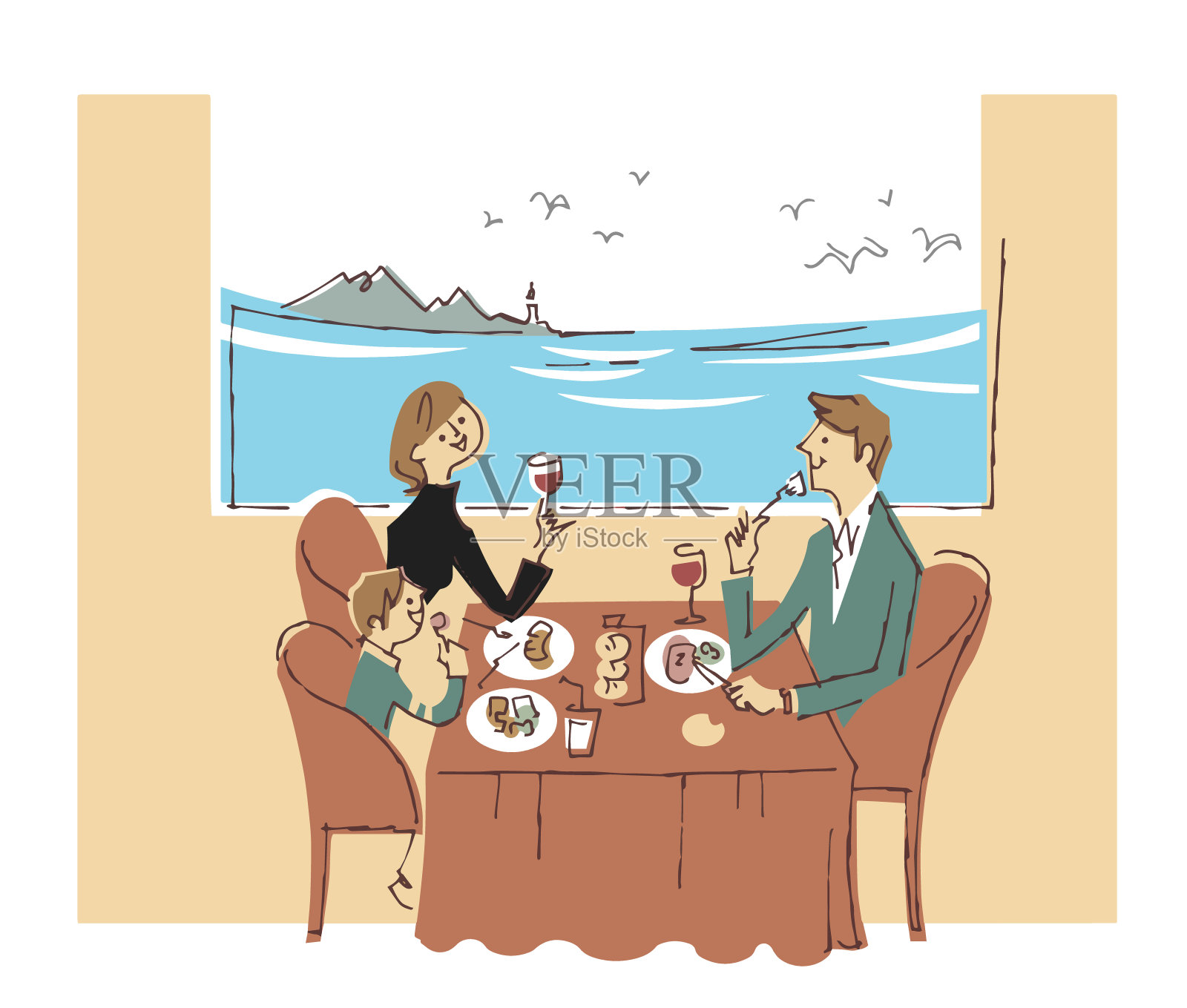 年轻的家庭在海边餐厅吃饭插画图片素材