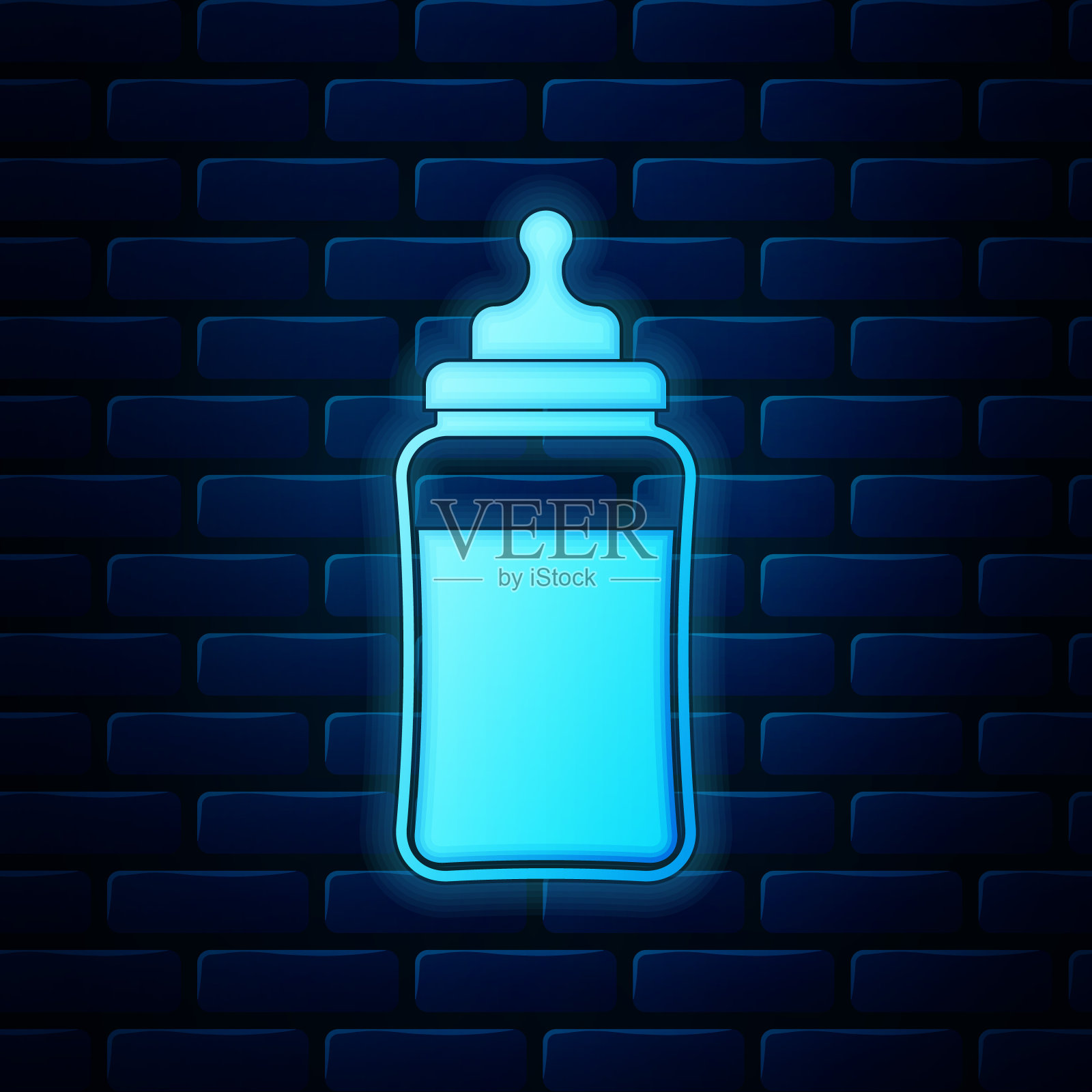 发光的霓虹灯婴儿瓶图标孤立在砖墙的背景。奶瓶图标。牛奶瓶的迹象。矢量图插画图片素材