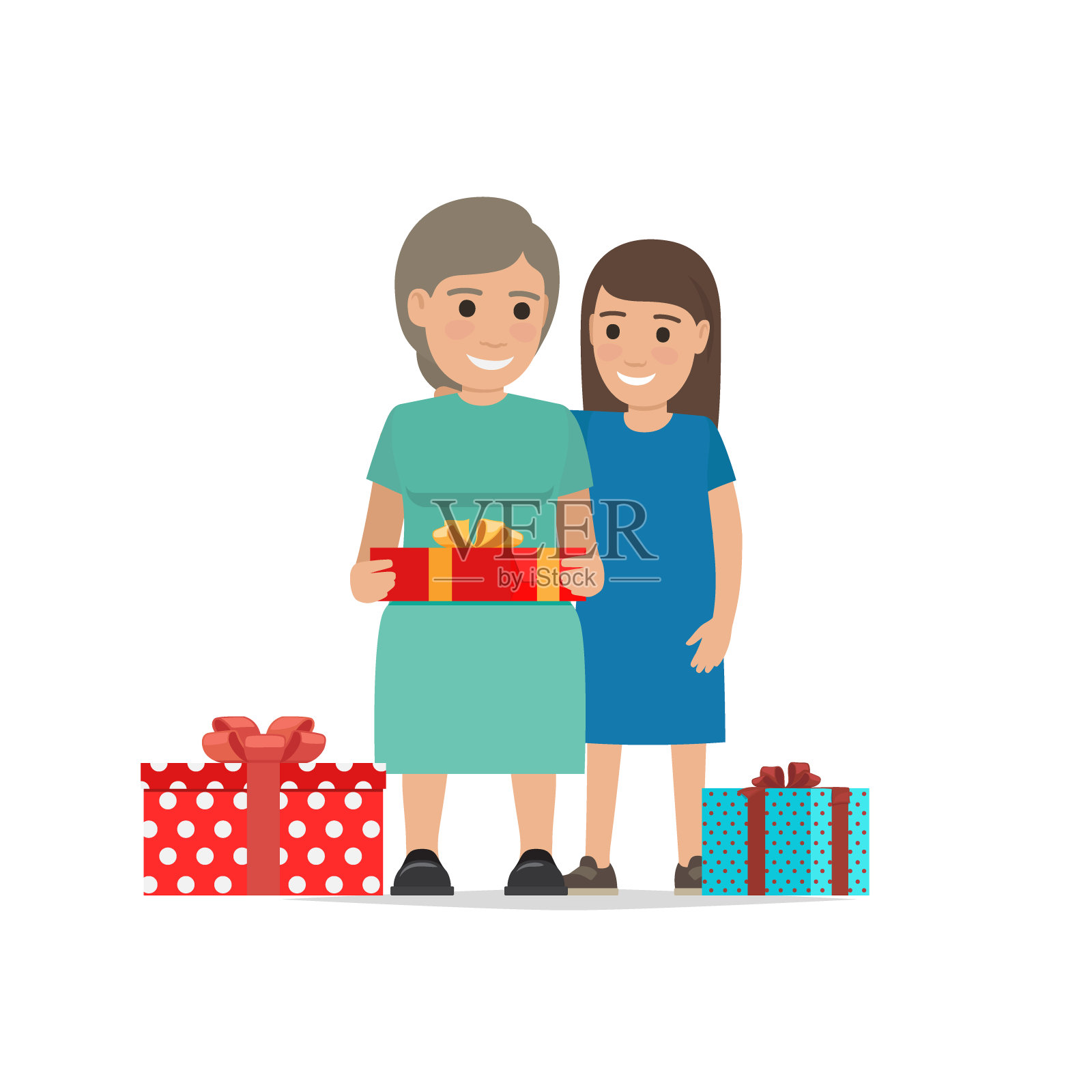母亲和女儿分享圣诞礼物。设计元素图片