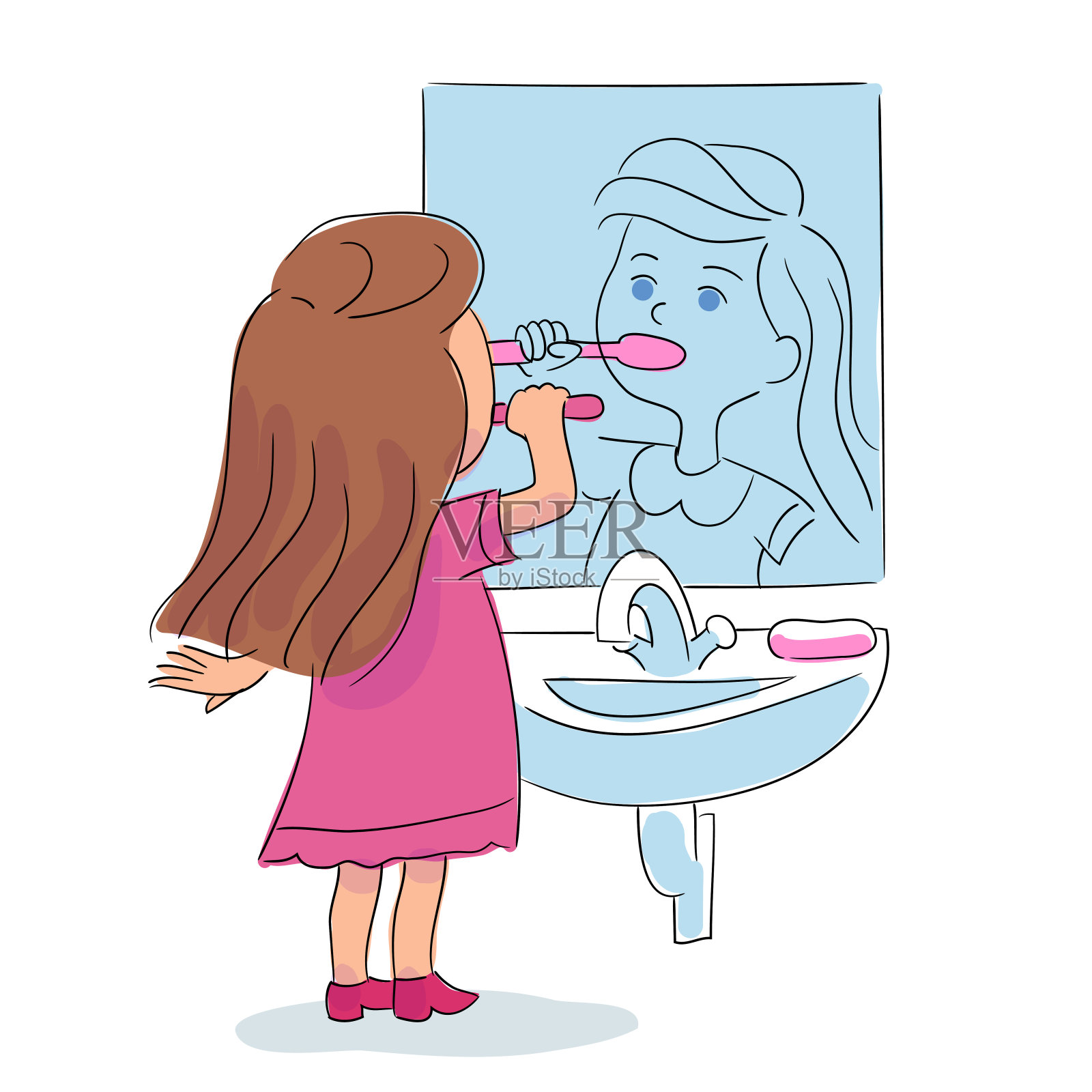 在浴室里，一个女孩站在水龙头边刷牙，看着镜子里的倒影。日常口腔卫生。卡通的孩子的性格。从回来。矢量平面插图。插画图片素材