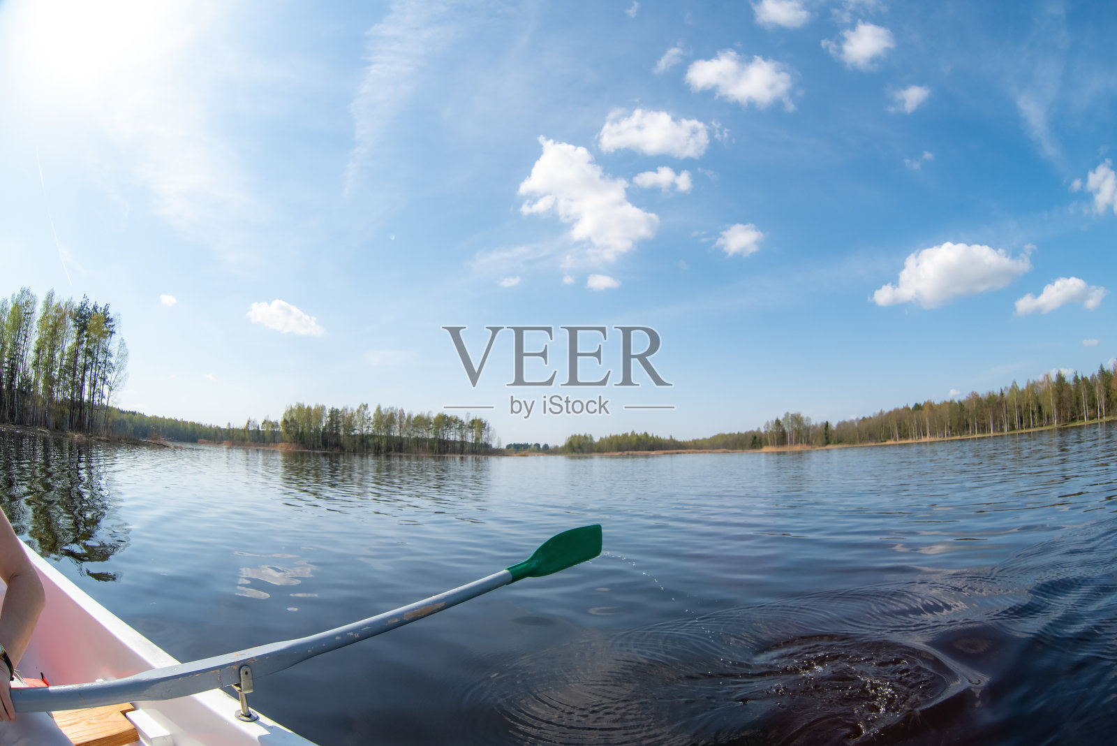 乘坐划艇穿过一个风景如画的森林湖泊。阳光明媚的夏天，白俄罗斯，普利萨湖照片摄影图片