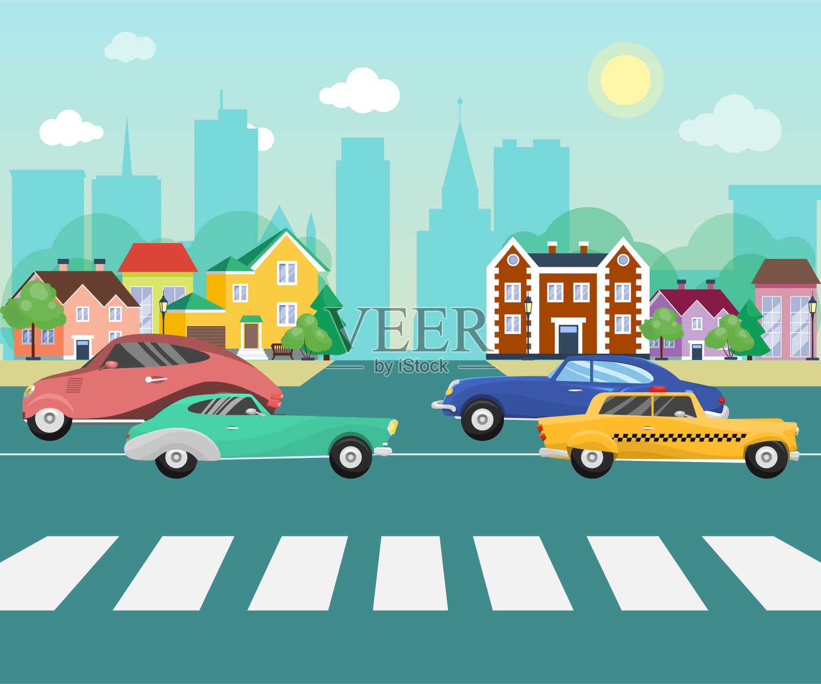汽车行驶在郊区的街道上，以大城市为背景插画图片素材