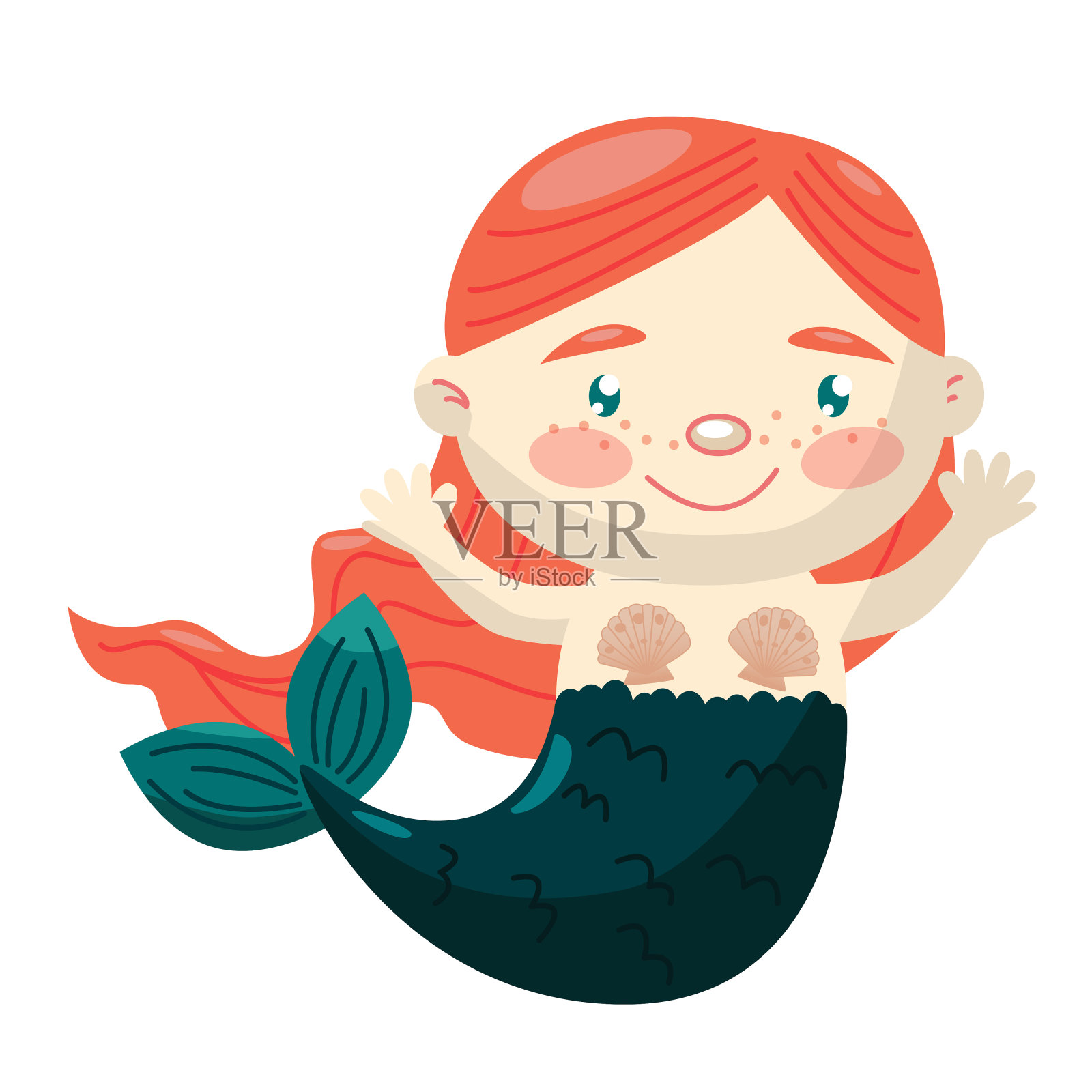 矢量插图的美人鱼女孩与红色的长发，雀斑和绿色的尾巴。性格就是微笑着牵着手。插画图片素材