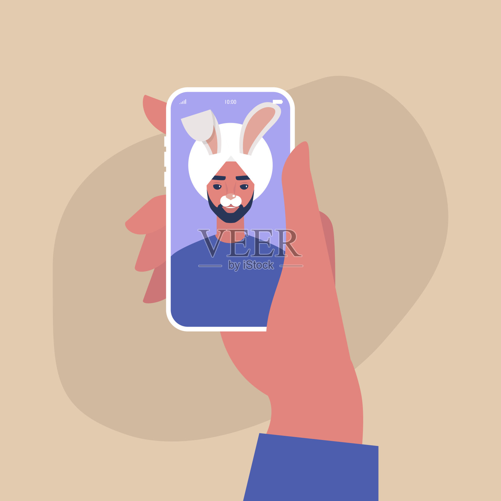 数字面部应用，年轻的印度男性角色戴着兔子面具，千禧一代的生活方式插画图片素材