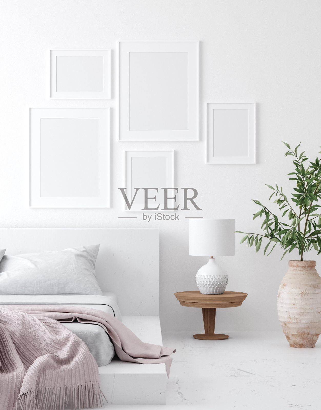 模型海报框架在白色舒适的卧室内部，斯堪的纳维亚风格照片摄影图片