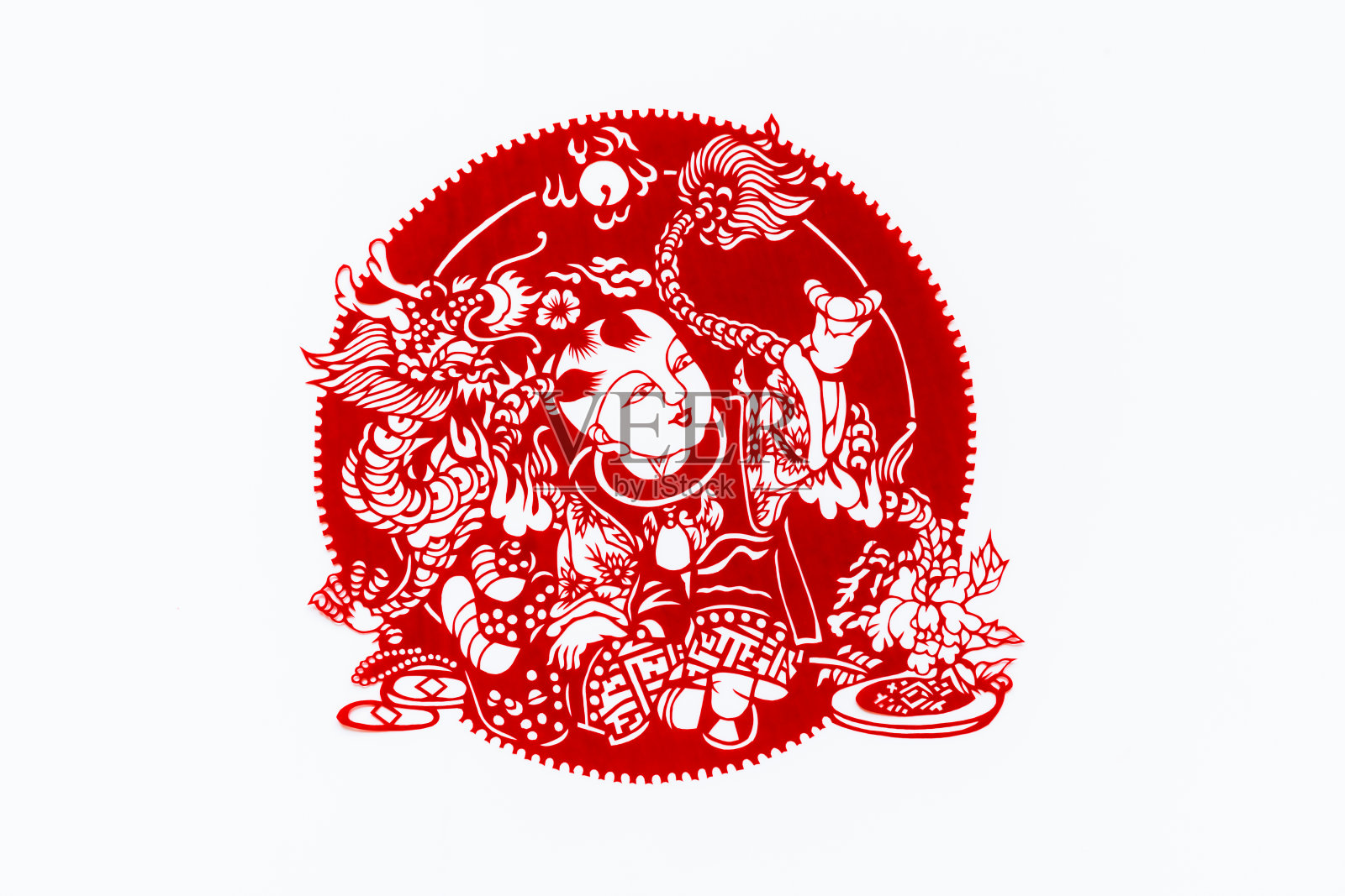 中国传统剪纸艺术图案、花窗。象征着幸福和好运。中国新年装饰元素。汉字(幸福、长寿、和平、财富、丰饶)插画图片素材