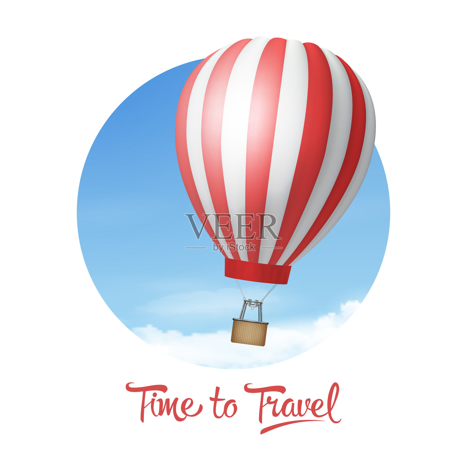 矢量3d现实的红色和白色热气球在蓝天的背景。时间旅行。采购产品暑假，旅游，旅游，旅行概念的空白浮空器的设计模板插画图片素材
