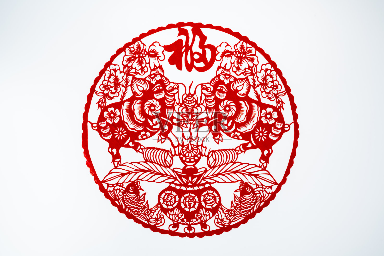中国传统剪纸艺术图案、花窗。象征着幸福和好运。中国新年装饰元素。(肥猪拱门)猪年。中国传统的猪剪纸艺术图案。猪剪纸照片摄影图片