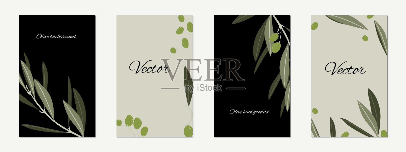设计广告海报，明信片，橄榄制品的标签。花的邀请谢谢你，回复现代卡片设计在绿色橄榄叶绿叶树枝装饰。插画图片素材