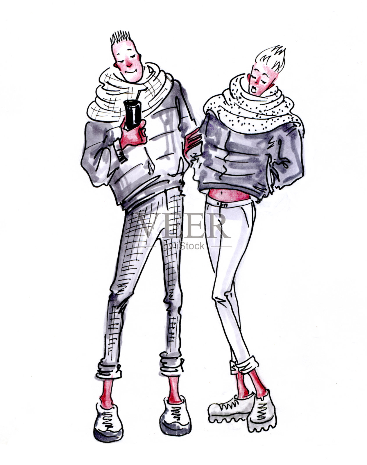 一个年轻人和一个女孩赤裸着脚踝在冬天插画图片素材