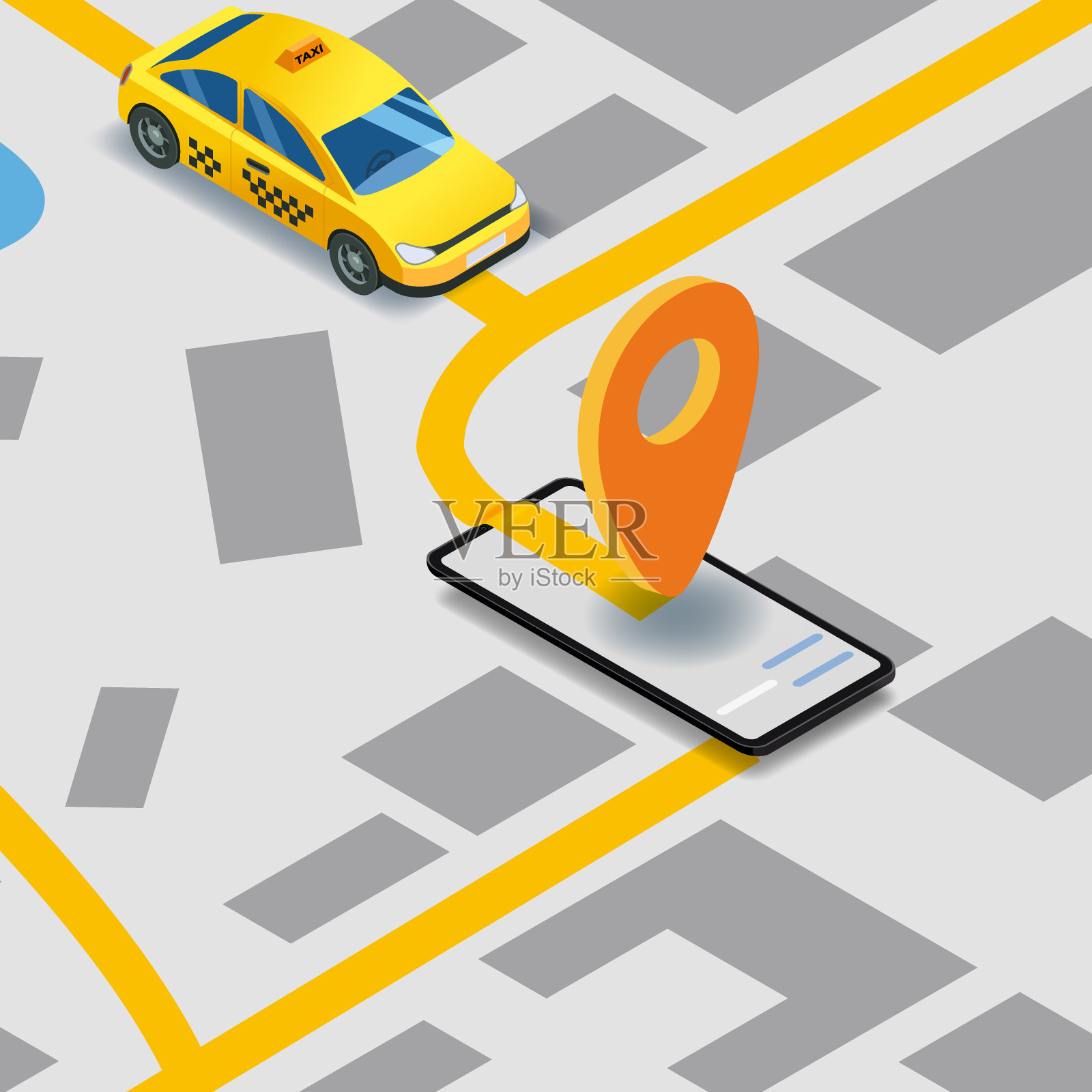 出租车服务等距。智能手机屏幕上有城市地图路线和点位置黄色汽车。在线移动应用订车服务。矢量插图为出租车服务广告，推广插画图片素材