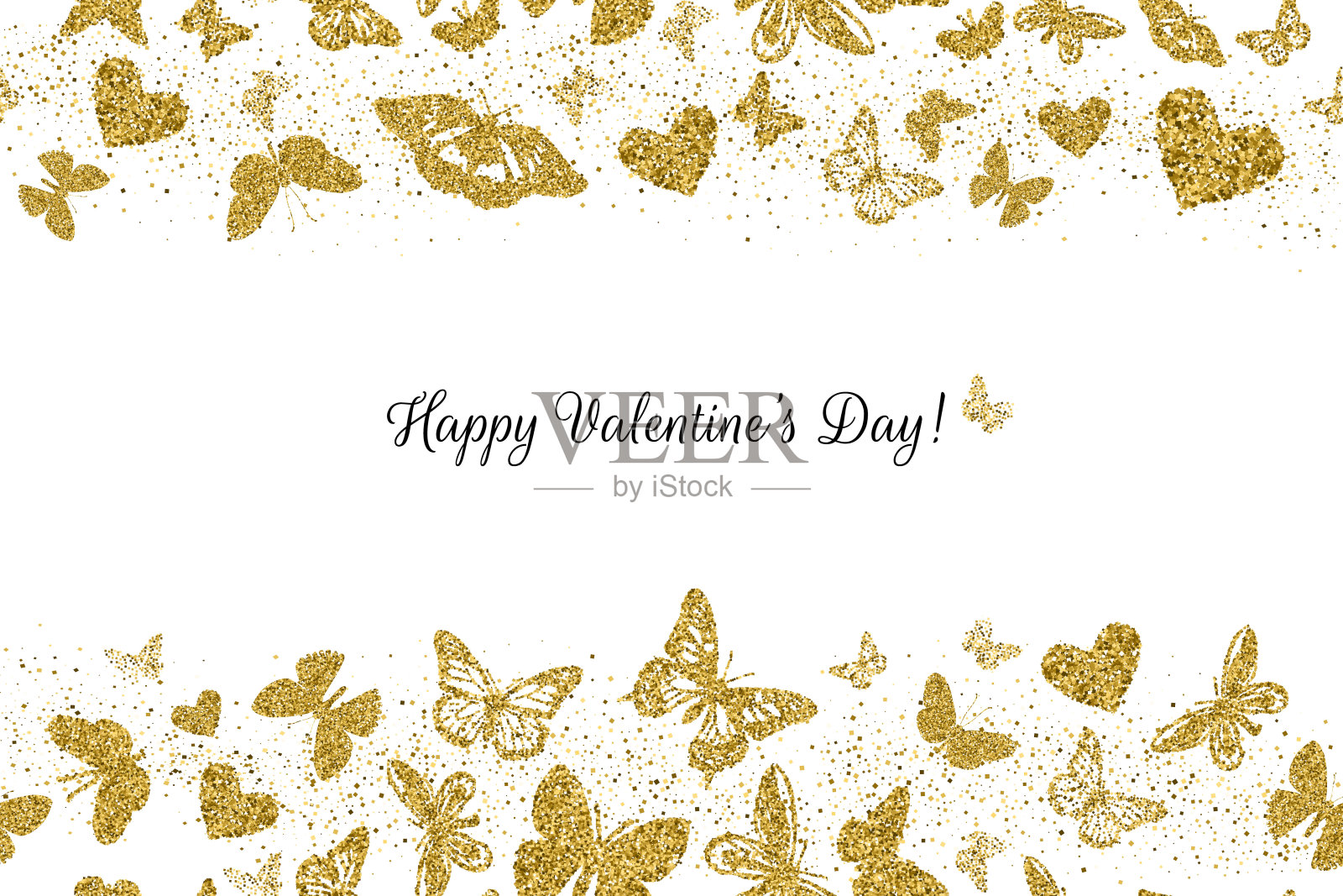 情人节快乐。金色的闪闪发光的蝴蝶和心形组成在白色的背景。装饰横条纹无缝图案。矢量图插画图片素材