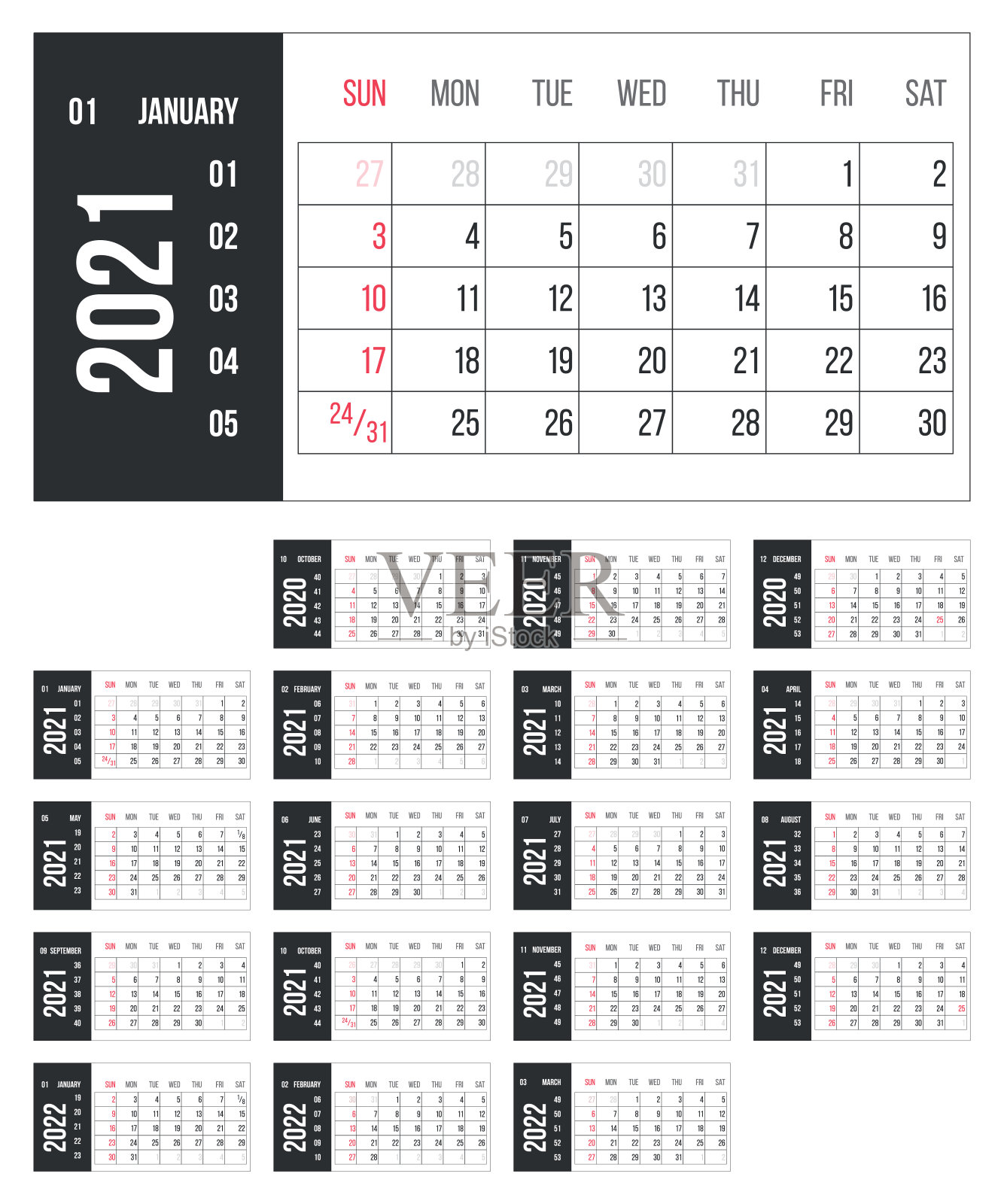 日历为2021年矢量插图。基本网格多彩的设计。组织者模板在黑色，白色和红色的颜色。商业计划，与flipboard文本和数字布局的组织者。设计模板素材