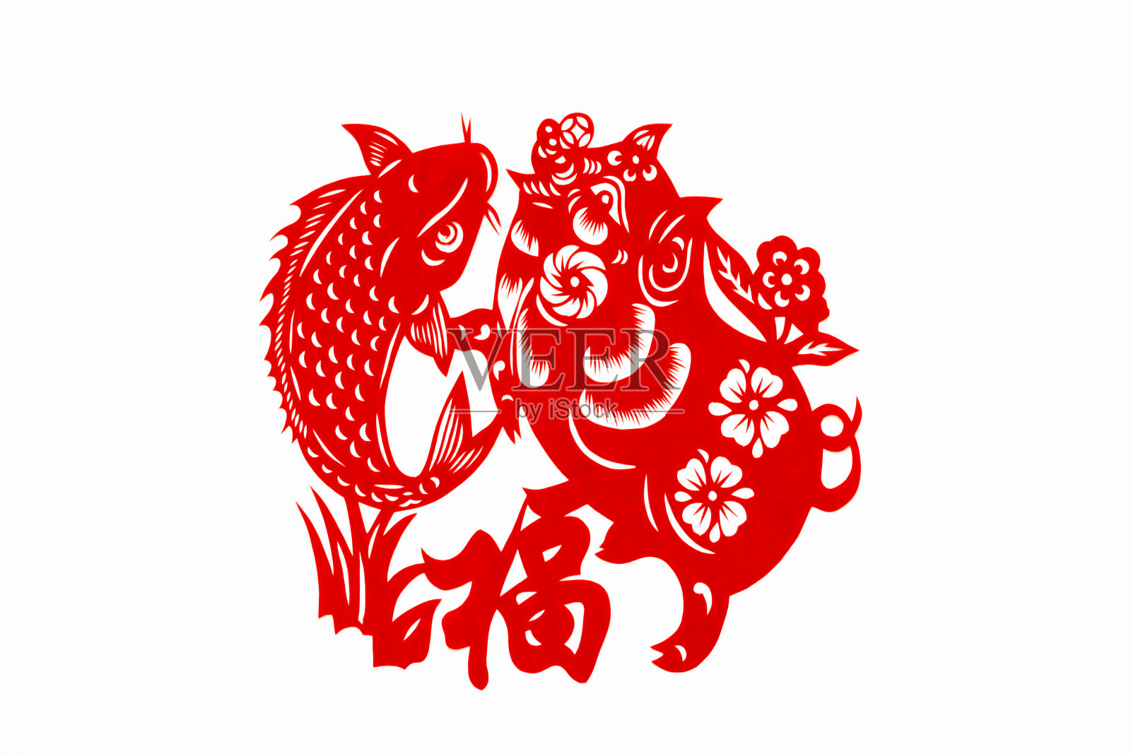 中国传统剪纸艺术图案、花窗。农历新年。猪年。象征着幸福和好运。中国吉祥元素。汉字翻译(祝福，长寿，和平，财富，丰饶)插画图片素材