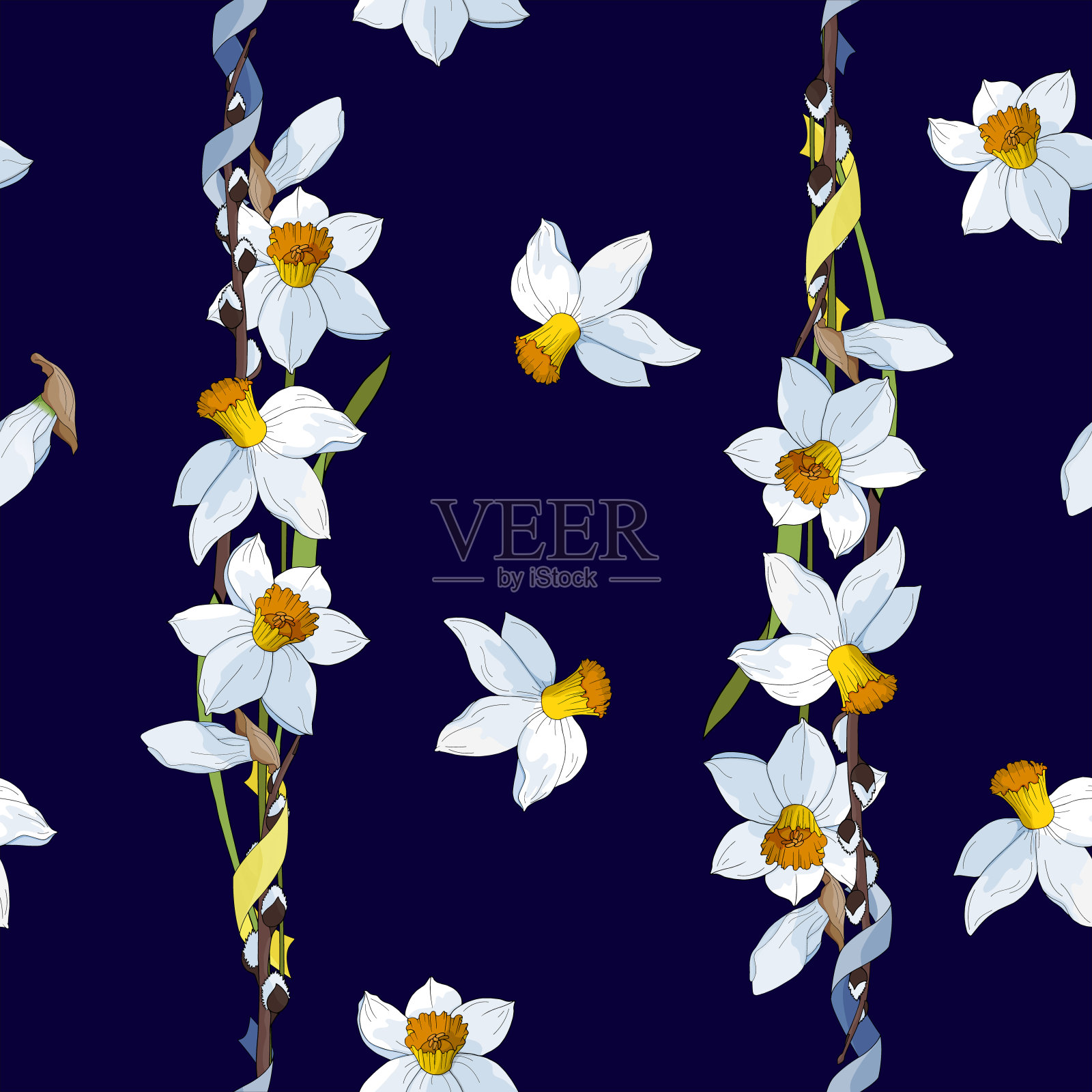 白色的黄色水仙花在树皮的蓝色背景。无缝模式插画图片素材