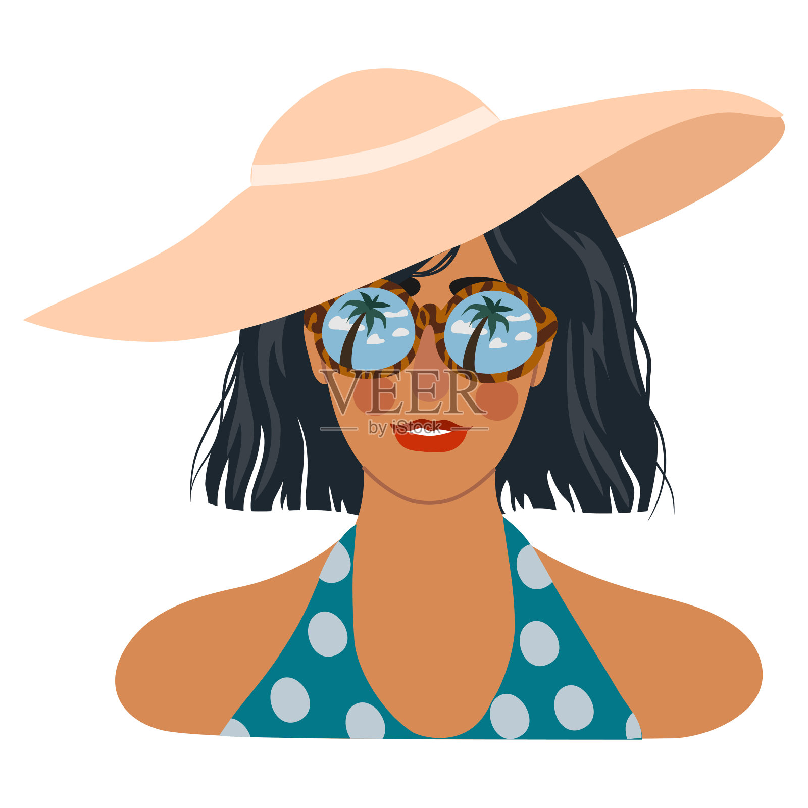 女孩的脸戴着帽子和太阳镜与蓝色的天空和热带棕榈树反射在眼镜。可爱的矢量平面插图孤立在白色设计元素图片