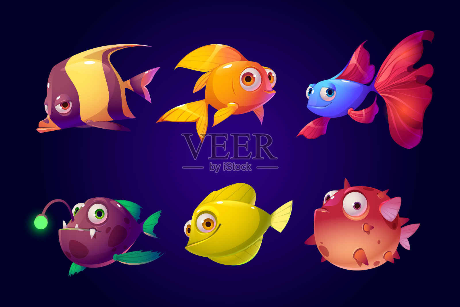 海洋鱼类，热带色彩斑斓的水族馆生物集插画图片素材