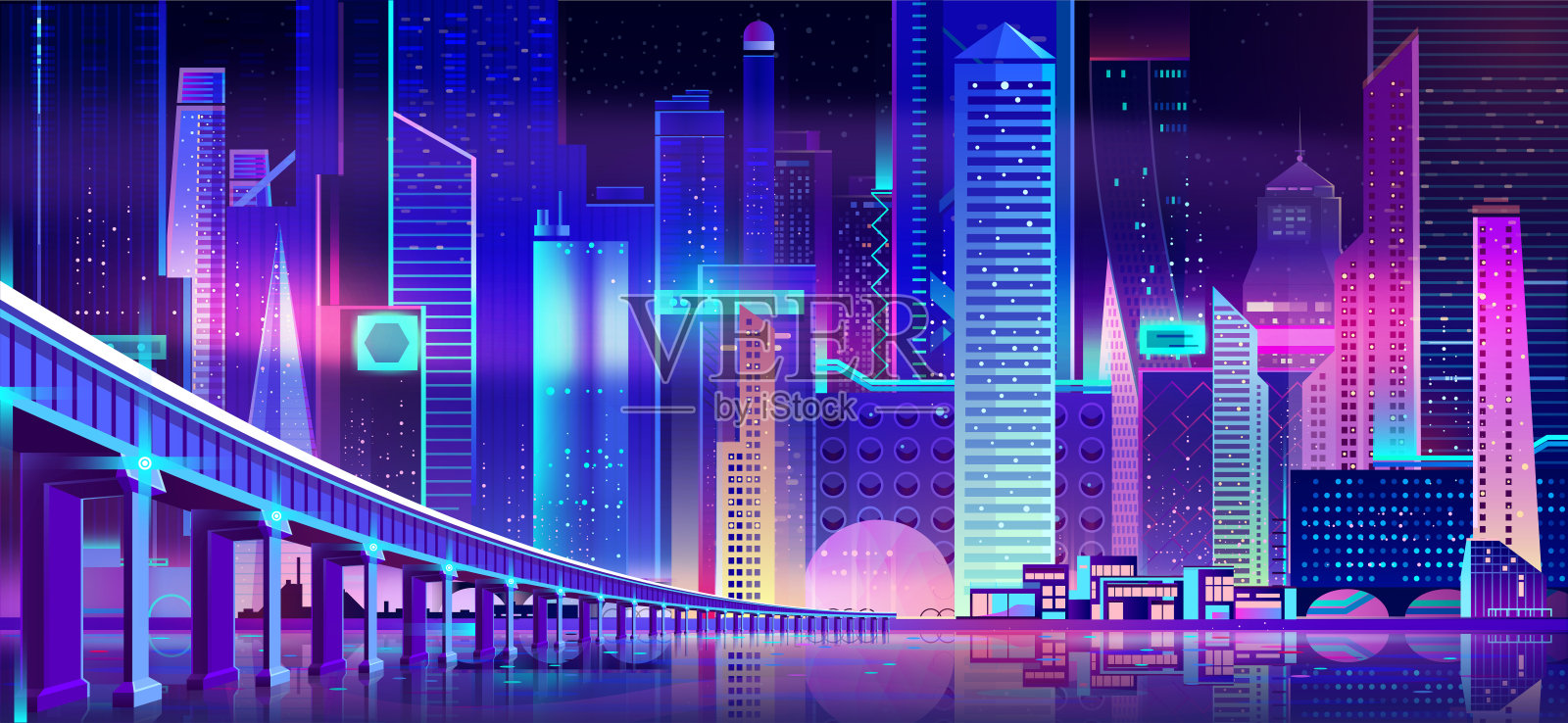 霓虹闪烁的夜城和水湾大桥插画图片素材