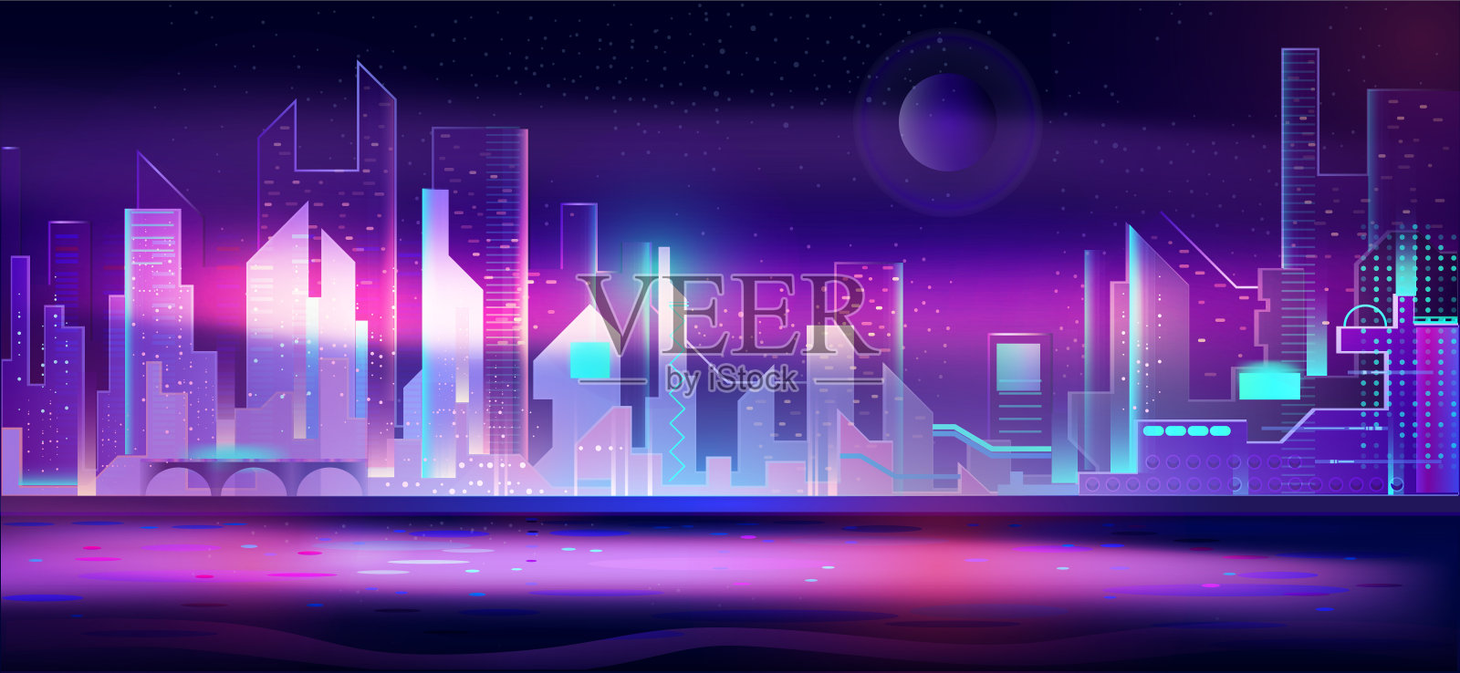 夜城在霓虹灯下。未来的城市插画图片素材