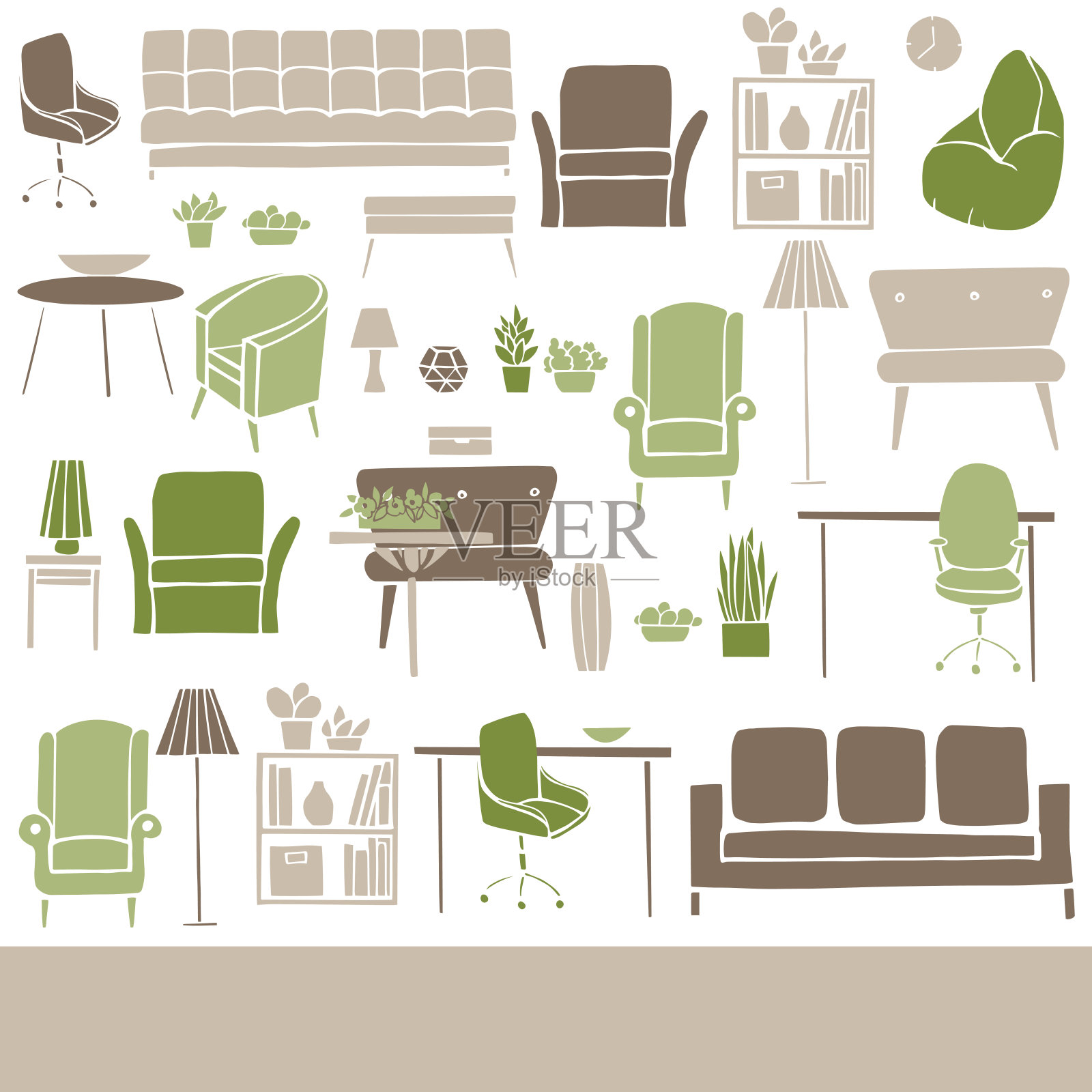 家居家具、灯具和植物。插画图片素材