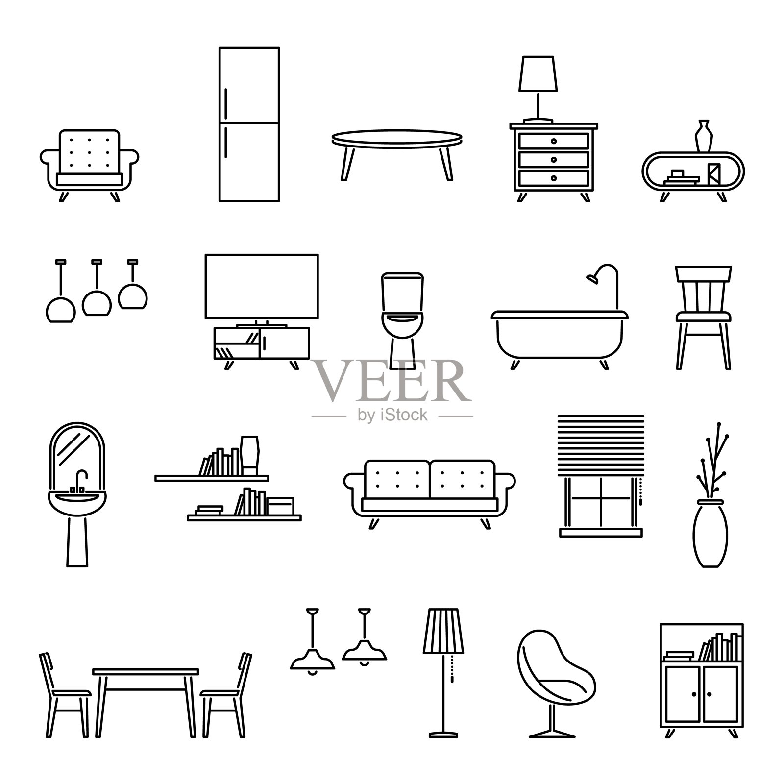线家具。扶手椅、沙发和电视。沙发，餐桌，冰箱，吊灯。浴缸和抽水马桶的家庭客厅矢量图标设计元素图片