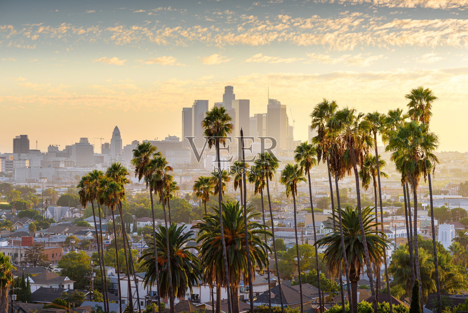日落时分的洛杉矶市中心照片摄影图片