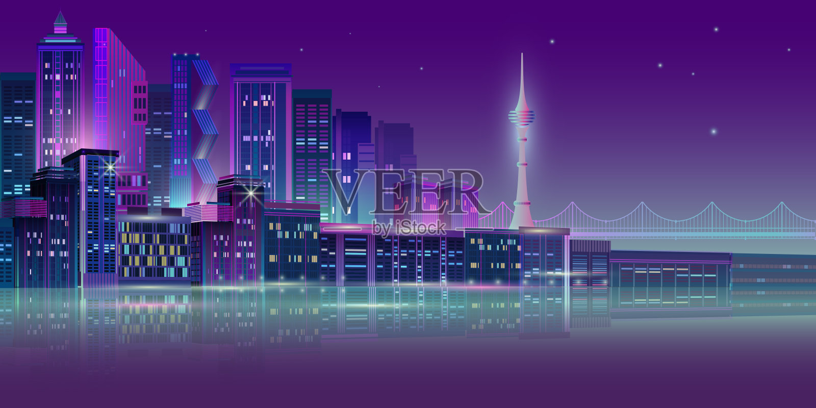有电视塔的城市夜景。矢量插图。插画图片素材