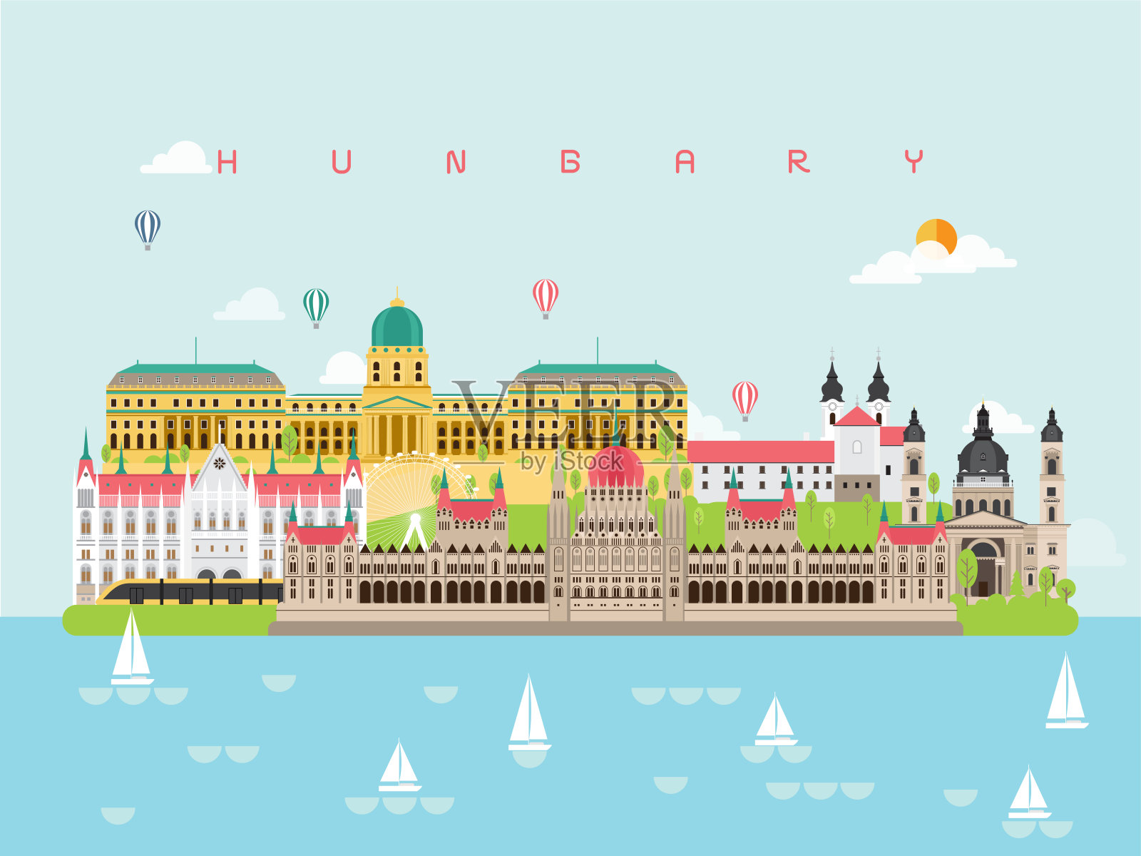 匈牙利著名的地标信息图模板旅行最小风格和图标，符号集矢量插图可以用于海报旅游书，明信片，广告牌。背景图片素材