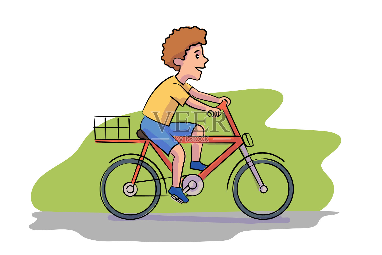 男孩骑自行车平面矢量插图。骑在自行车上的孩子和篮子卡通人物。环境友好、生态清洁的个人交通工具。健康生活，保护自然。设计元素图片