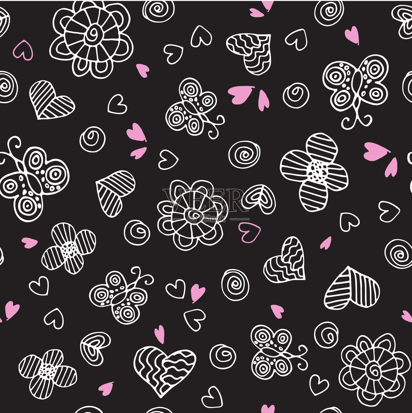 手绘涂鸦花朵、蝴蝶、心形图案无缝衔接。白色和粉色元素的黑色背景，黑板。插画图片素材